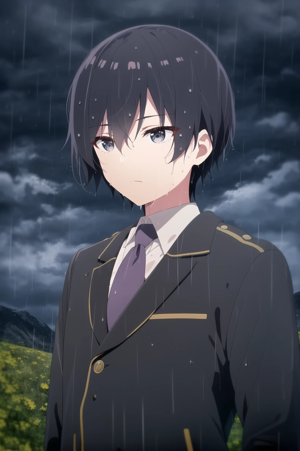 solo, short hair, bangs, shirt, black hair, 1boy, hair between eyes, brown eyes, closed mouth, jacket, upper body, male focus, outdoors, necktie, sky, collared shirt, cloud, black jacket, wet, grey eyes, night, looking down, cloudy sky, rain, mountain, wet hair, horse, white necktie