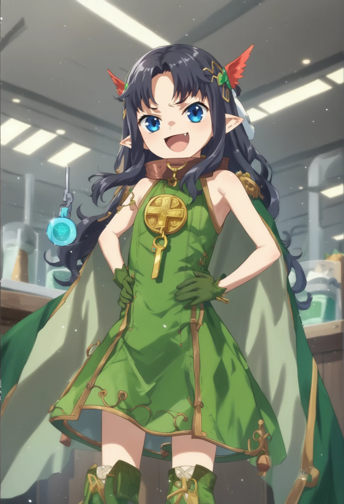1girl, long hair, black hair, blue eyes, pointy ears, fang, hair ornament, short, green outfit, key medallion, chocker, gloves, bare arms, bare shoulders, green boots, green cape, smile, open mouth, proud, smug, hands on waist, indoors, laboratory <lora:Yuit XL:1>, score_9, score_8_up, score_7_up, score_6_up, score_5_up, score_4_up, BREAK source_anime, masterpiece