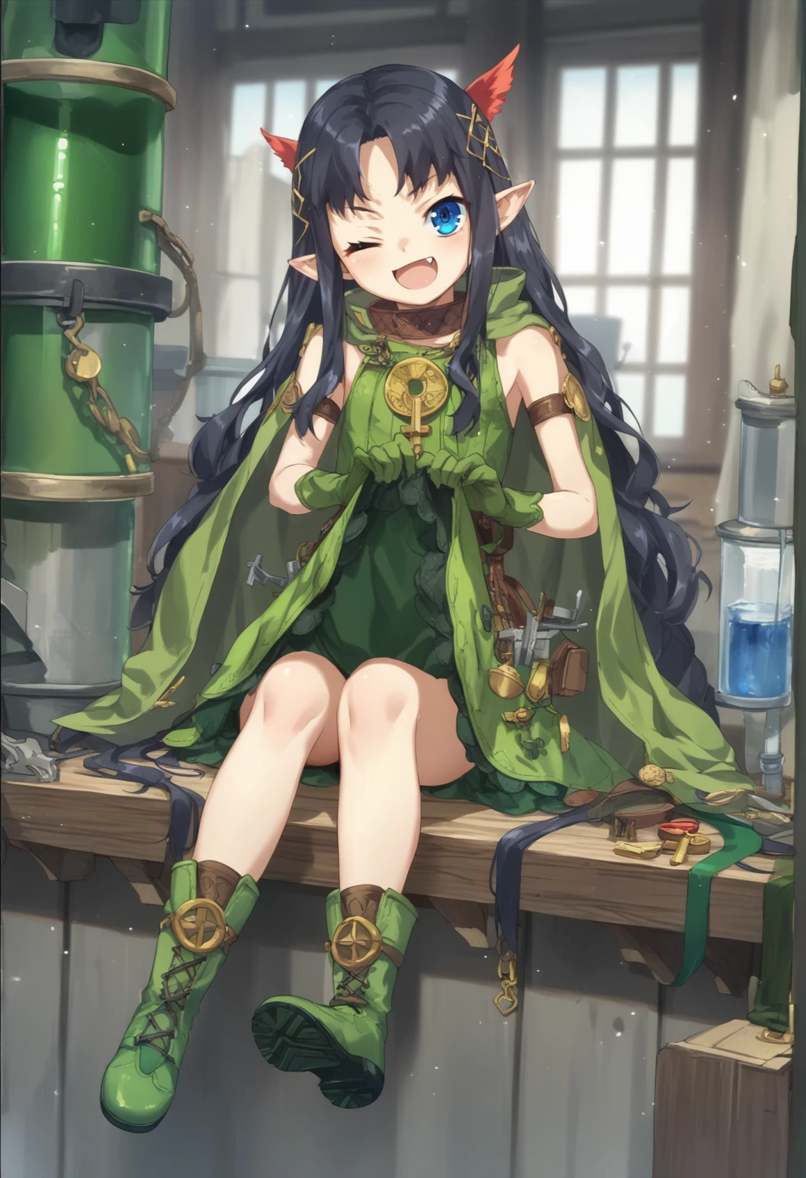 1girl, long hair, black hair, blue eyes, pointy ears, fang, hair ornament, short, green outfit, key medallion, chocker, gloves, bare arms, bare shoulders, green boots, green cape, :p, wink, skirt lift, lifted by self, sitting, indoors, laboratory <lora:Yuit XL:1>, score_9, score_8_up, score_7_up, score_6_up, score_5_up, score_4_up, BREAK source_anime, masterpiece