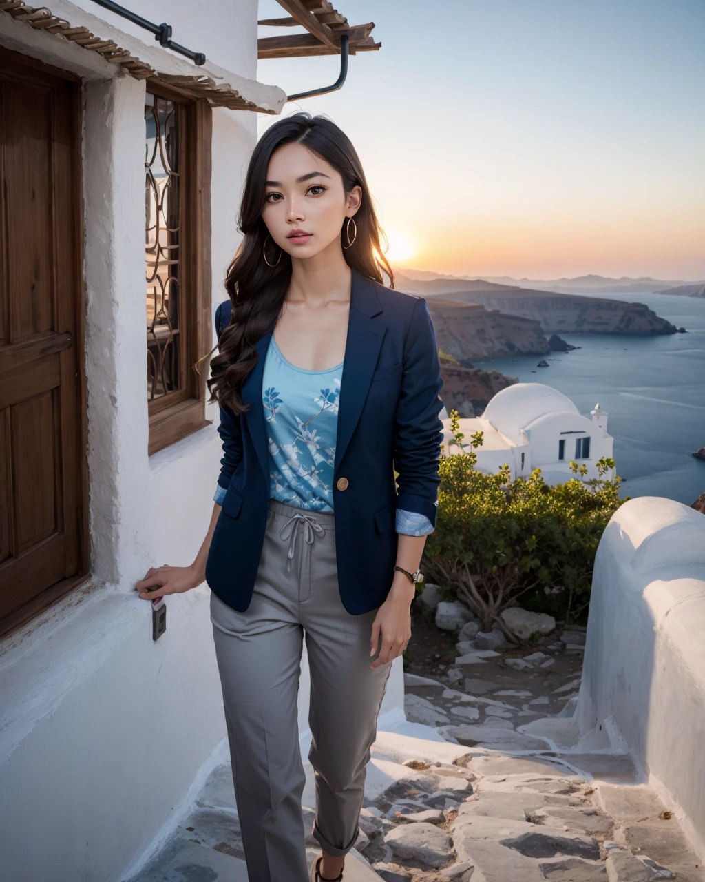 best quality,masterpiece,highly detailed,ultra-detailed, 
trees,fowers. a little house,wooden door,cafe,wooden table,sunset, 
<lora:neg4all_bdsqlsz_V3.5:-1>
 <lora:Santorini:1>santorini,, landscape photography, picturesque, scenic, natural beauty, tranquil, breathtaking, panoramic, 1girl, Patterned and Printed Tank Top: Styles with patterns, letters or other designs can be chosen according to personal preference. Chinos , Lightweight cotton pants suitable for casual occasions. (Blazer:1.3),Wool or cotton blend,Neutral tones like navy, grey, or black Moderate breasts ,,  narrow waist, Fishtail Braid with Fiber Optic Strands - Electric Yellow    , fantastic details full face, dot nose,detailed Monolid eyes, sky blue iris, thin eyebrows, pale blue beautiful Detailed Eyes,    lips