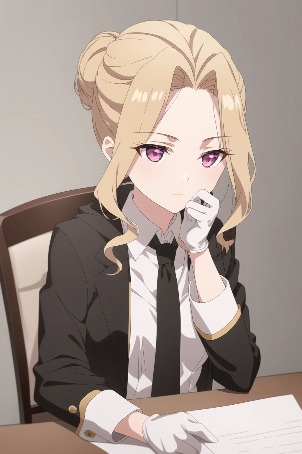 1girl, solo, breasts, short hair, blonde hair, shirt, gloves, long sleeves, holding, sitting, closed mouth, purple eyes, jacket, upper body, braid, sidelocks, necktie, indoors, white gloves, pink eyes, hair bun, chair, single hair bun, black necktie, paper, hand on own chin, holding paper, thinking, anime coloring