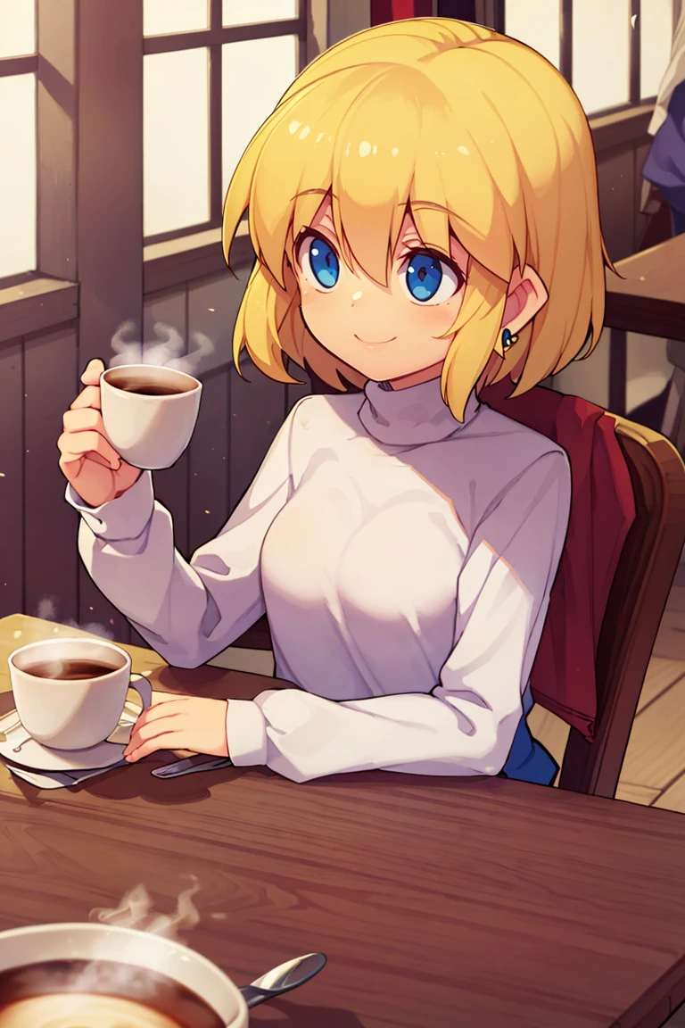 <lora:Bold_CAT:0.6>, 
((masterpiece,best quality)), 
<lora:Alice_Margatroid_Touhou:0.8>, Alice_Margatroid_Touhou,  alice margatroid, 1girl, short hair, blonde hair, 
 turtleneck sweater, earrings, library, cup of coffee, sitting at table, smile,