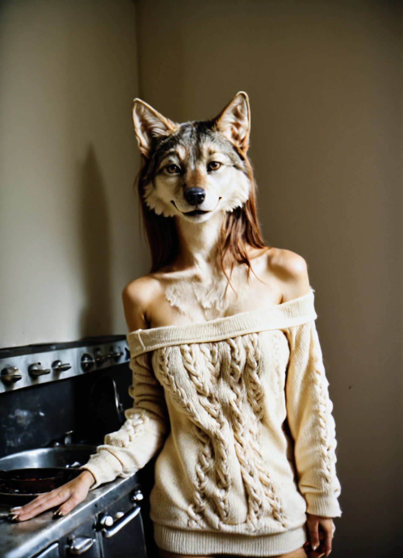 photo , realistic, analog photography aesthetic,film grain texture, detailed closeup (to be defined),source_furry,wolf, 1girl, spontaneous portraiture,on a post-apocalyptic kitchen,off-the-shoulder cream sweater loosely draped over her left shoulder <lora:RetouchPhoto_PonyV6_v1.1:1>