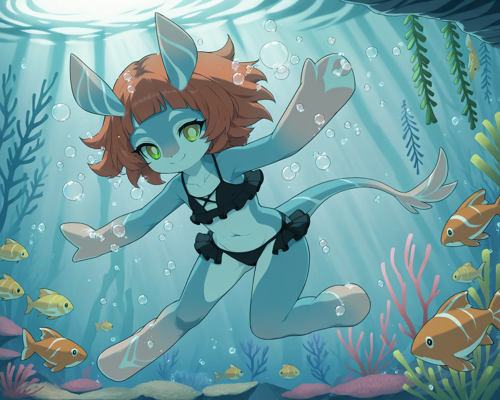 score_9, score_8_up, score_7_up, score_6_up, score_5_up, source_anime, <lora:MelusineSDXL-V1:1>, BREAK
melusine, light blue skin, orange hair, yellow eyes, straight ears, thin tail, smile, swimming, underwater, coral, fish, bubbles, frilly black bikini
