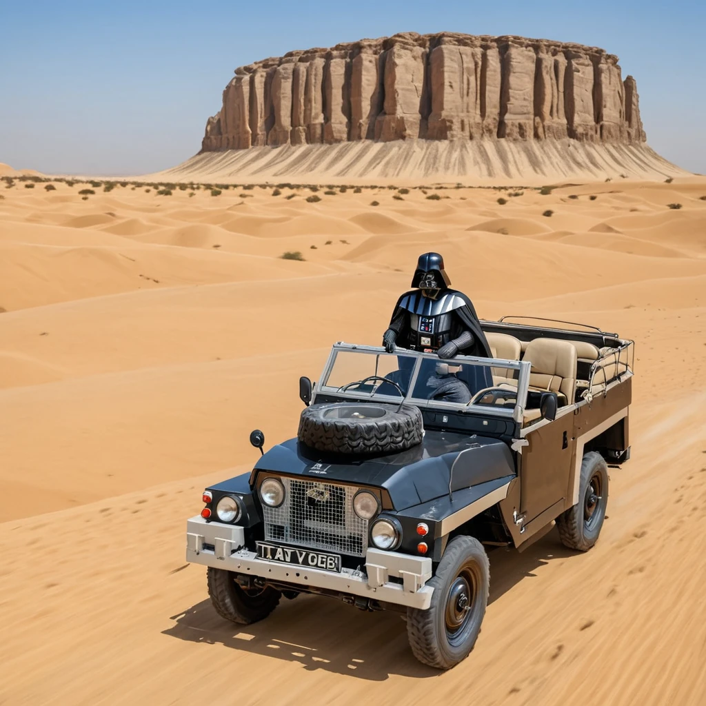 Darth Vader driving lghtwght land rover with the top down through the deserts of tatooine, desert, 1man, solo, driving, movie, star wars,