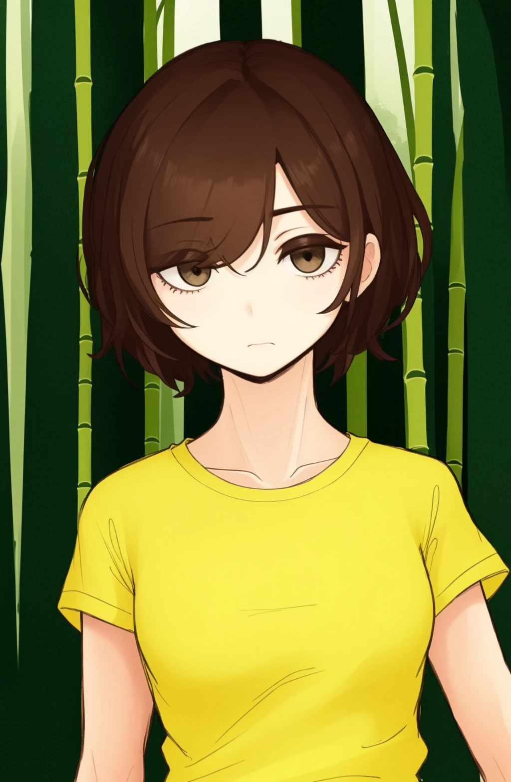 masterpiece, best quality, 1girl, Light Gray eyes, Leather Brown hair, closed mouth, looking at viewer, shirt, short hair, background: Serene bamboo grove , solo, upper body, yellow shirt, <lora:SixbenSoap Style:1>