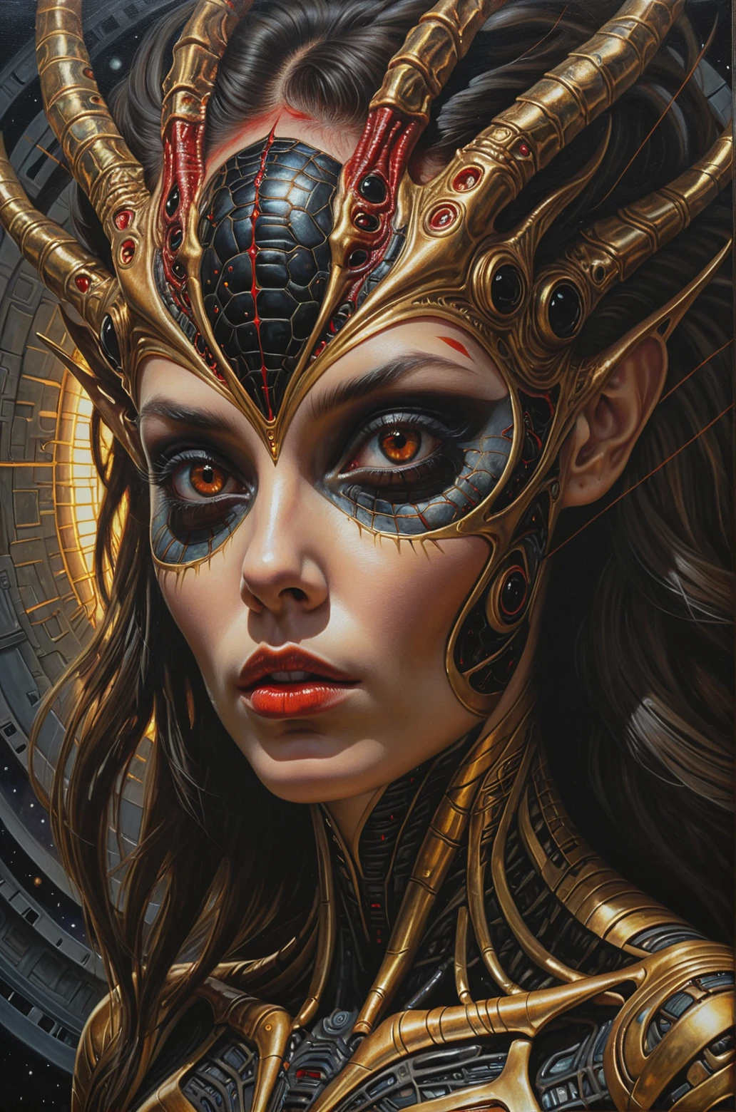 Hyper realistic art A highly abstract oil painting of a beautiful alien woman, large black eyes and multi-color accents, God rays, back lighting. accents. Her hair transforms into the cosmic richly textured background expanding away from her face, red and gold lines marks of the devil, incredibly lifelike