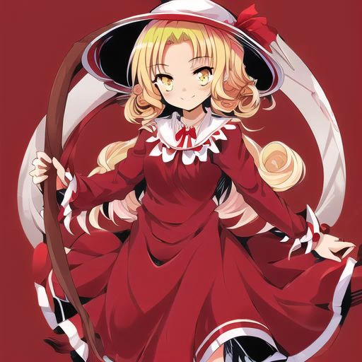 Best quality, most quality, anime style, anime girl, 1girl, solo, masterpiece, full body, smile, blush, Elly, yellow eyes, blonde hair, pink hat with a red ribbon, hat, red ribbon, dark red and pink dress, drak red dress, carries a scythe, scythe,