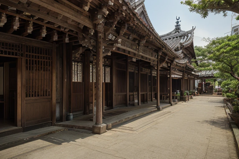 architecture, landscape, scenery, east asian architecture, Lukang Longshan temple, (Taiwanese temple, Hokkien architecture, Southern Min architecture) East Asia, vintage, historical, heritage, trational, ancient, wooden structure, orange tiled roof, upward curve ridge roof, trees<lora:EMS-317607-EMS:0.800000>