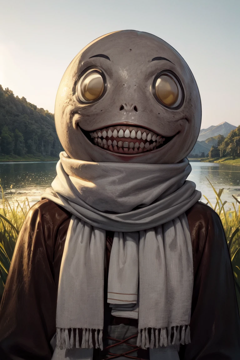 (from front, head:1.2),(outdoor, grass fields and lake:1.5),
1boy,male focus,looking at viewer, <lora:emil4-000006:0.7> (em1l, teeth, no humans, head, open mouth, 1other, smile, grin, cloak, scarf, light_grey_head, mole_under_eyes:1.5),
(best quality:1.1), (masterpiece:1.4), (absurdres:1.0),highres,clean, wallpaper, ((ultra-detailed:1.5)), (best illustration),<lora:add_detail:0.5>