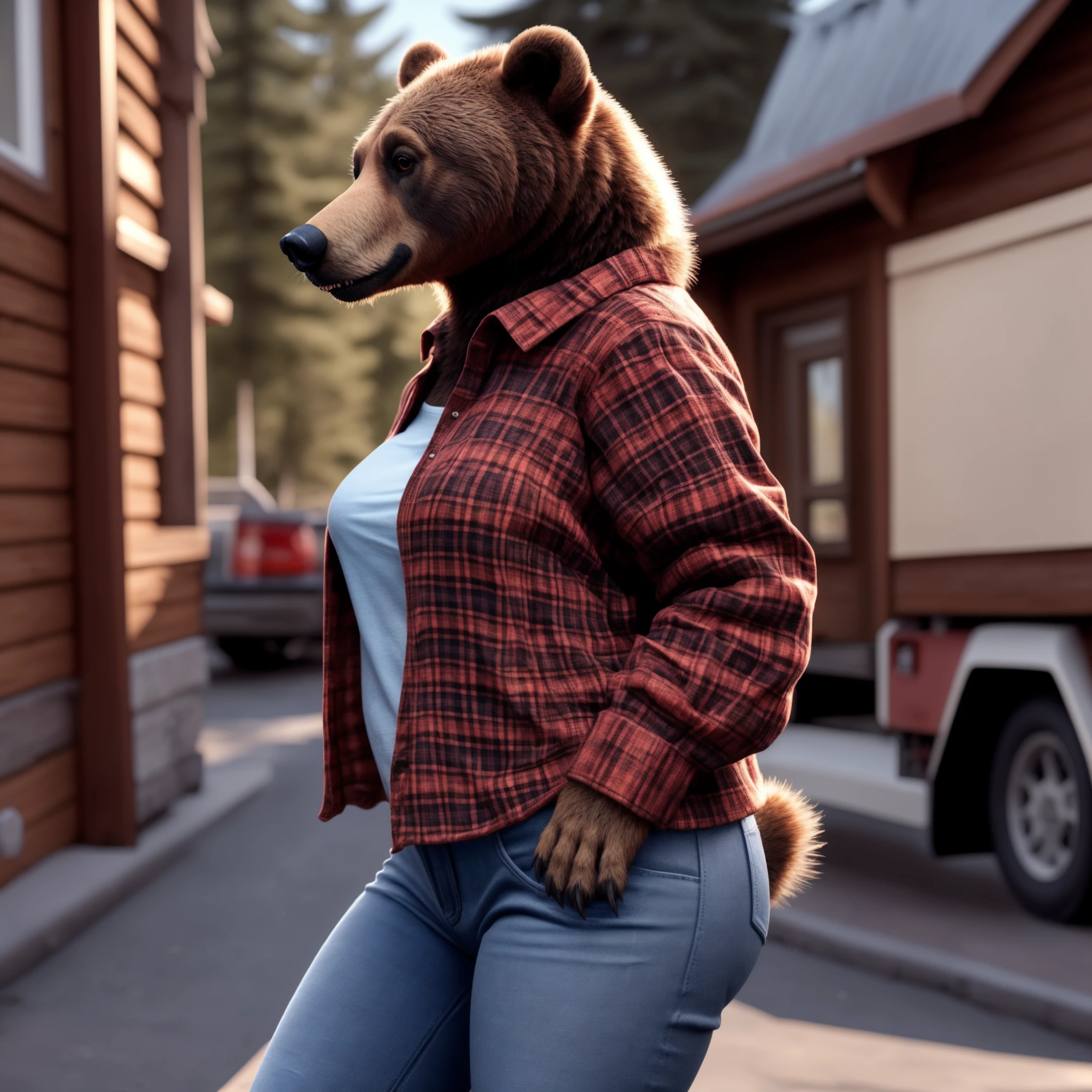 high resolution, (masterpiece: 1.4), (obese brown bear woman), high detail eyes, ((raising shirt to flash large breasts and nipples)), tight blue jeans, nervous smile, light sweat, background characters, detailed city backround