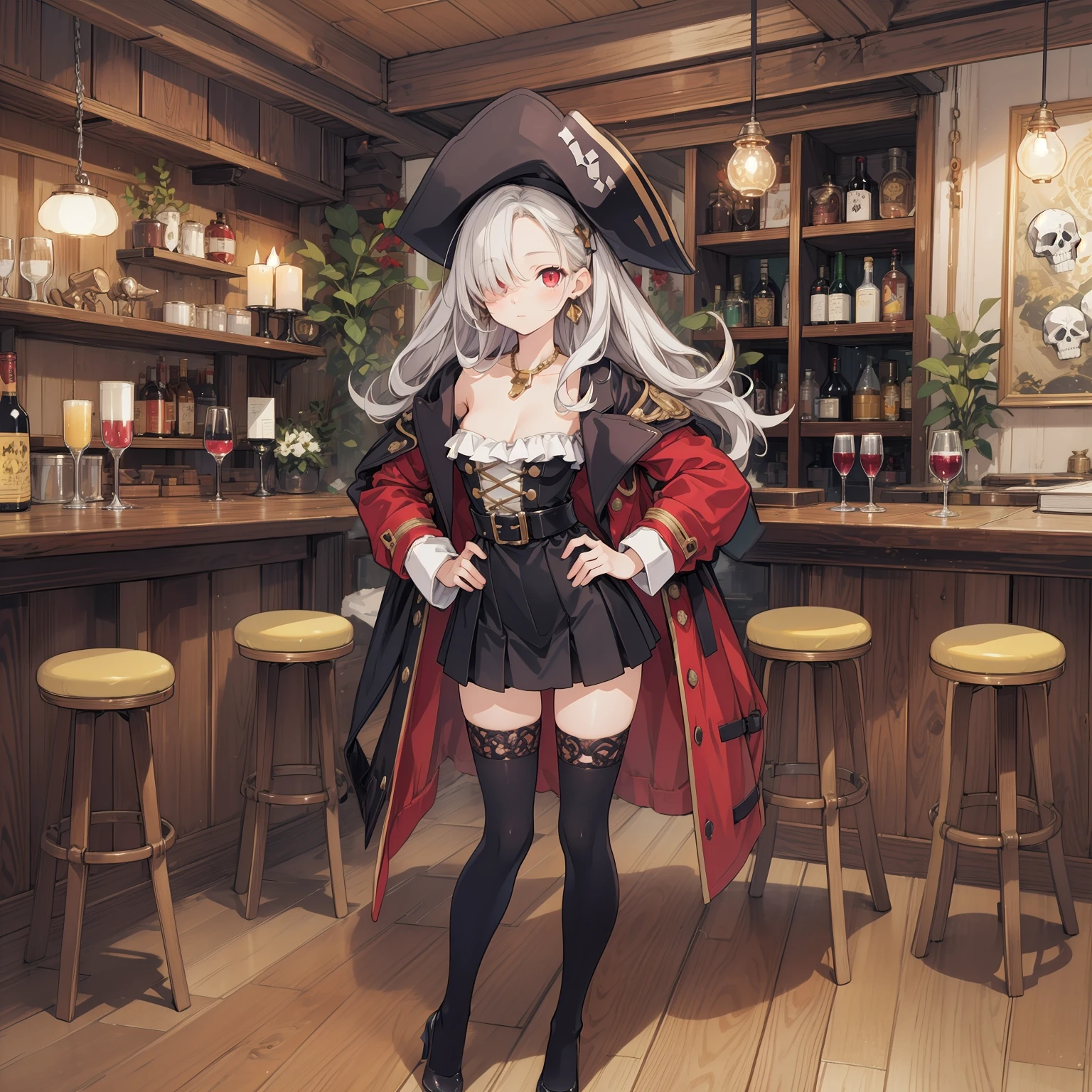 (masterpiece, top quality, best quality),extreme detailed,colorful,highest detailed,ultra-detailed,(highly detailed CG illustration),(Gorgeous background),ultra-fine painting,Vivid Colors,panorama view, purple theme,green theme, Taverns in medieval Europe,pile of jewelry,Jewelry on the ground,crowds around a gir, indoors,abandoned wooden room,broken wooden floor,wooden wall,stall,crowd bar,bar,table,chair,beer,wine,Shelf,Wine Rack,Pirates,messy room,pirate costume,broken,ruins,destroyed,broken glass,abandoned,wooden pillar,messy,wanted,Wanted Notice,coin,gold,gem,Chest,skull,instruments of torture,candle, candlestand, candlelight,menu board,indoors, pirate_hat, pirate_costume, pirate red_hair, long_hair, hat, pirate_hat, jewelry, high_heels, earrings, bottle, 1girl, alcohol, looking_at_viewer, solo_focus, drinking_glass, hand_on_hip, coin,flat_chest, cleavage, standing, black_footwear, cup, black_headwear, holding, fur_trim, red_eyes, dress, long_sleeves, wine_glass, belt, very_long_hair, full_body, necklace, closed_mouth,red thighhighs, black_coat ,parted bangs,forehead,long bangs,hair_over_one_eye, crotch_curtain