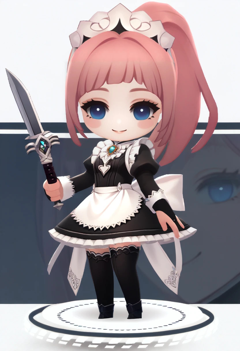 score_9, score_8_up, score_7_up, source_anime BREAK 1girl, solo, chibi, standing, full body, <lora:chibi-nikke-richy-v1_pdxl:1> <lora:felicia-fe-richy-v1_pdxl:0.9> feliciadef, pink hair, ponytail, blue eyes, maid headdress, brooch, maid apron, black thighhighs, bridal gauntlets, knife, dagger, smile