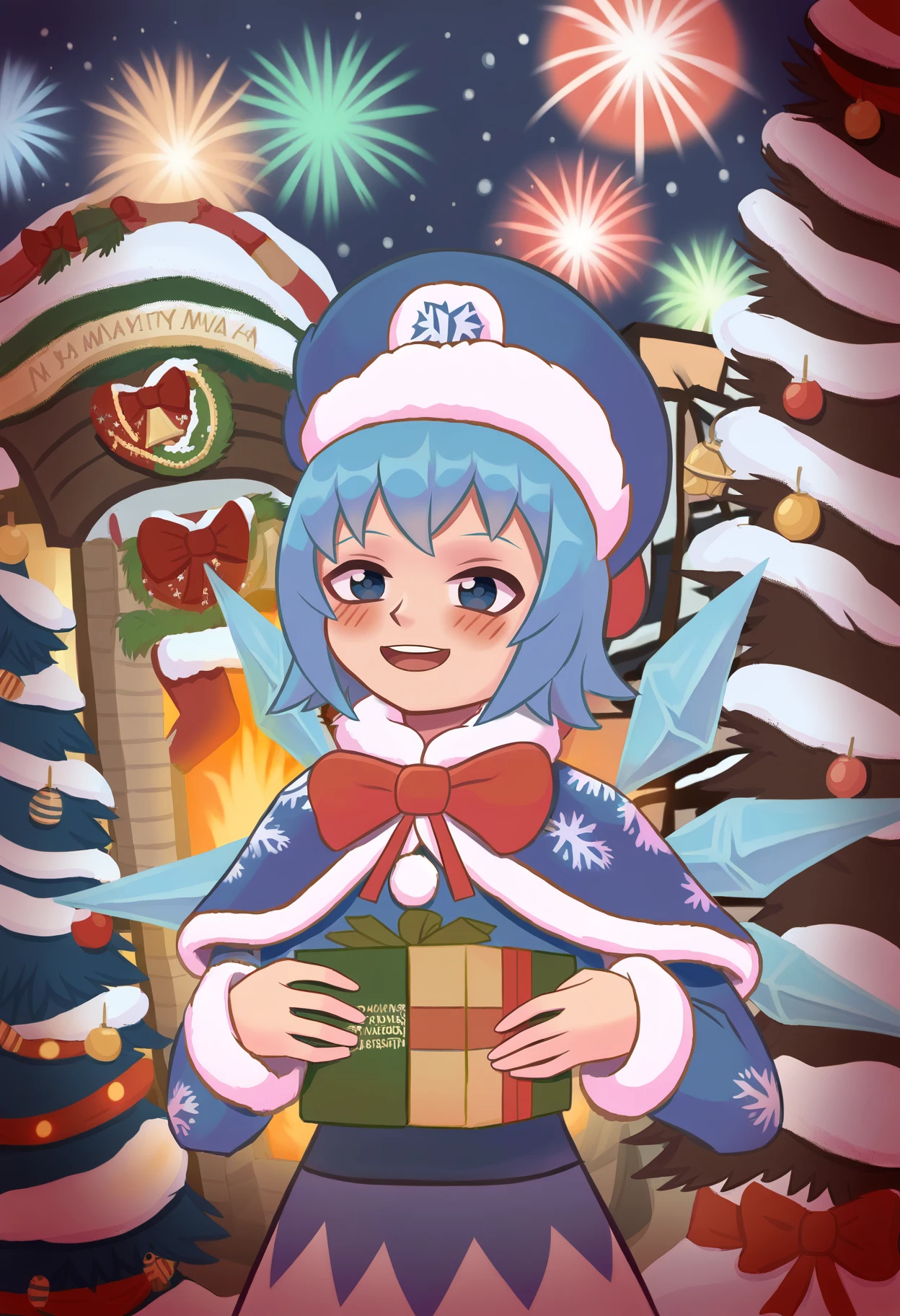 score_9, best quality, masterpiece, uncensored, source_anime
BREAK
blush, smile, short hair, open mouth, blue eyes, long sleeves, hat, dress, bow, holding, 1girl, blue hair, closed eyes, outdoors, wings, teeth, artist name, bowtie, red bow, tree, fur trim, capelet, night, red bowtie, christmas, gift, blue headwear, ice, +_+, winter clothes, ice wings, christmas tree, fireworks, christmas ornaments, christmas lights, cirno, letty whiterock
<lora:duhota_pony_v2:1>