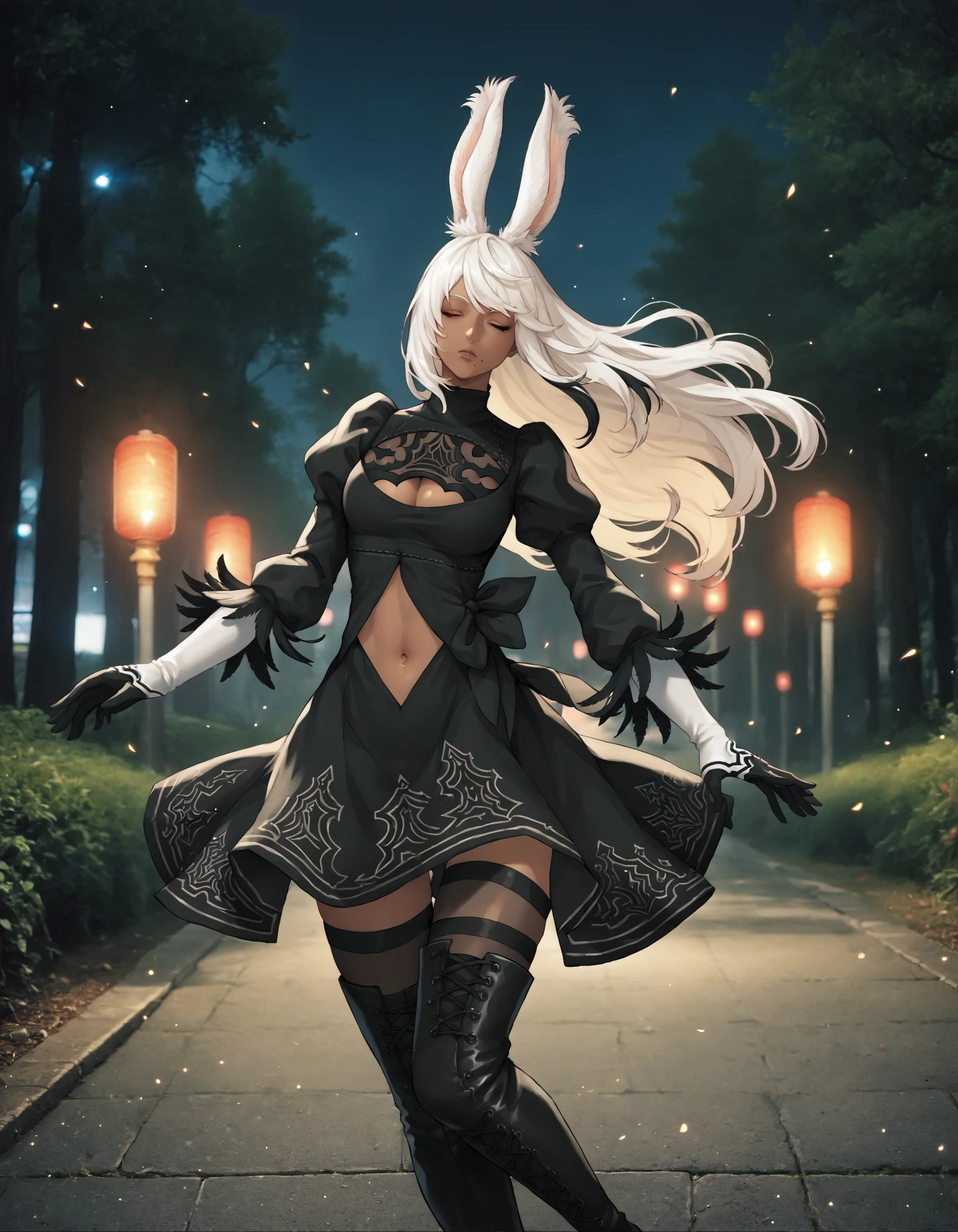 score_9, score_8_up, score_7_up, score_6_up, score_5_up, score_4_up, FFXIV_Viera, solo, long hair, looking at viewer, 1girl, navel, animal ears, jewelry, (nier:automata), (2b), mask, eyes closed, black dress, cosplay, solo, rabbit ears, feather-trimmed sleeves, dress, puffy sleeves, thighhighs, gloves, clothing cutout, outdoors, black gloves, dark skin, cleavage cutout, long sleeves, juliet sleeves, white hair, dark-skinned female, tree, nature, thighhighs under boots, boots, multicolored hair, photo background, black thighhighs , glowing, runes, neon lighting, fire, sparks, embers, glowing, source_anime , <lora:FFXIV_VieraPonyXL:0.7>