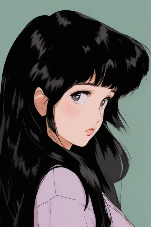 Retro Anime Girl (Side Profile): Medium shot of a girl in 80's anime style, viewed from the right side. She has black hair with bangs and exaggerated features, including big eyes. The image features limited details, black outlines, and a faded or flat color palette with pastels. (Inspired by Rumiko Takahashi and CLAMP)