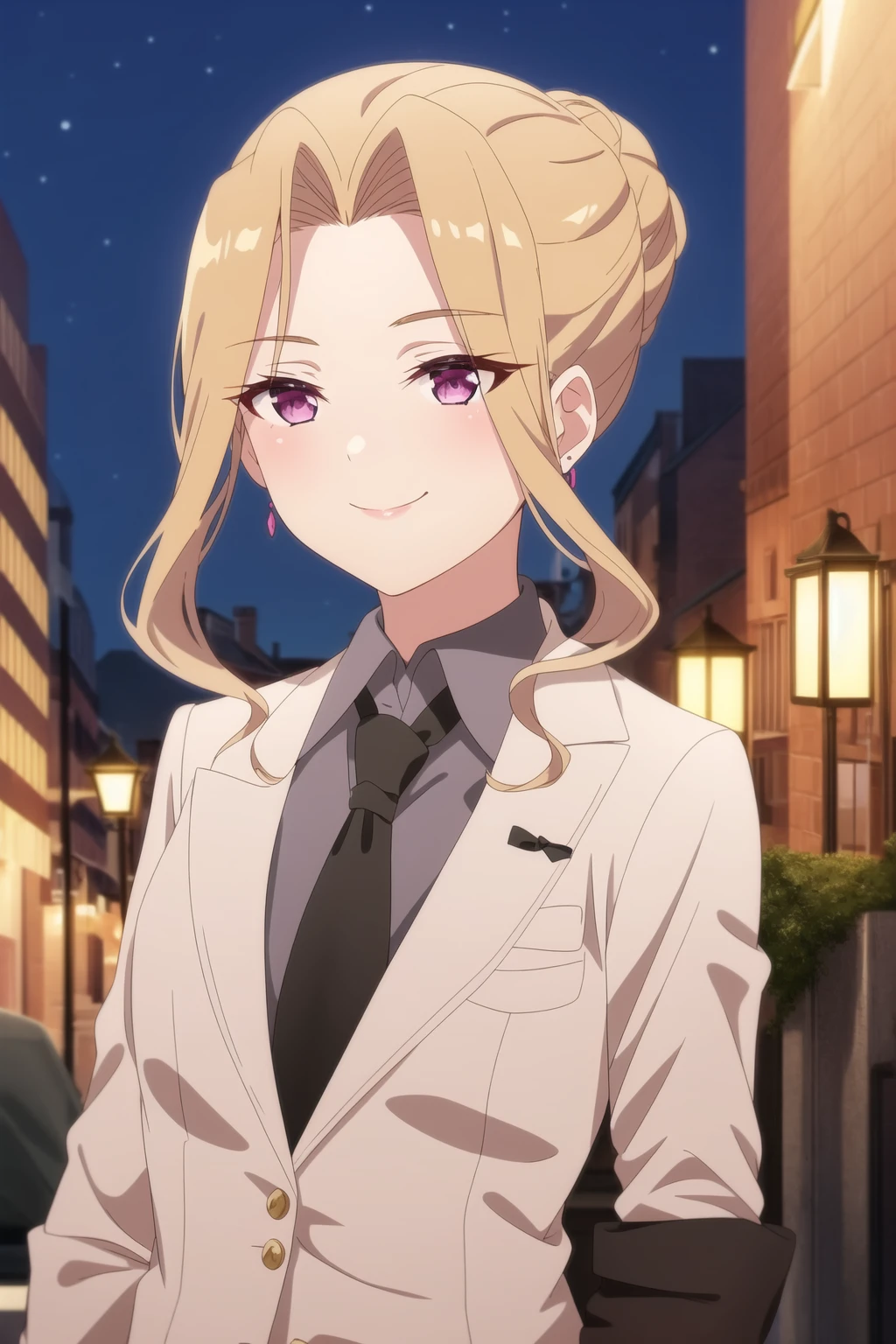 1girl, solo, long hair, blush, smile, blonde hair, gloves, jewelry, purple eyes, upper body, sidelocks, earrings, outdoors, necktie, sky, white gloves, hair bun, looking to the side, night, formal, single hair bun, suit, building, portrait, night sky, city