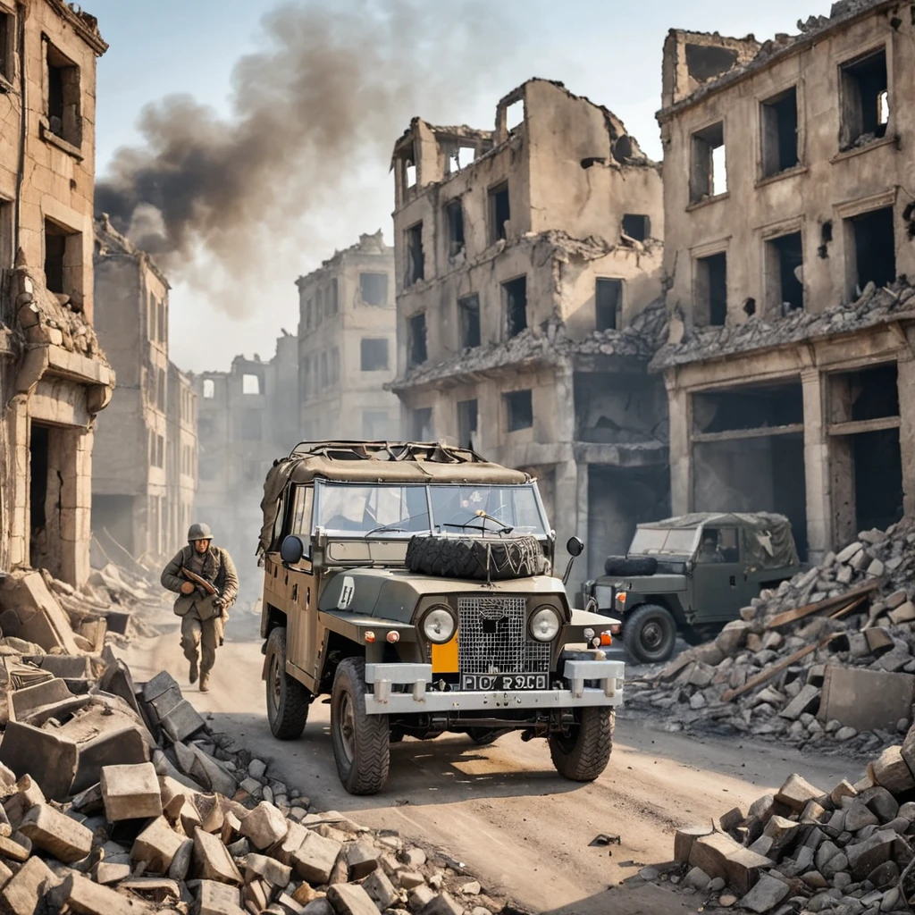 soldiers in helmets and camo jackets driving lghtwght land rover with the top down through a ruined city, driving, rubble, fire, smoke