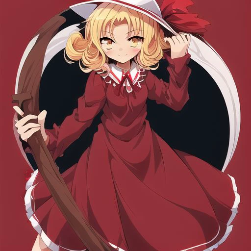 Best quality, most quality, anime style, anime girl, 1girl, solo, masterpiece, full body, smile, blush, Elly, yellow eyes, blonde hair, pink hat with a red ribbon, hat, red ribbon, dark red and pink dress, drak red dress, carries a scythe, scythe,