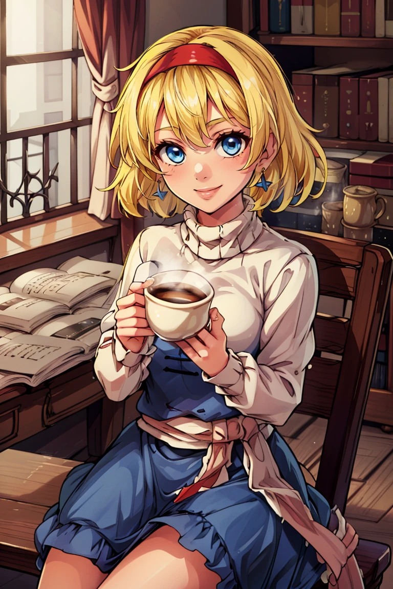((masterpiece,best quality)), absurdres, <lora:Alice_Margatroid_Touhou:0.8>, Alice_Margatroid_Touhou, alice margatroid, 1girl, short hair, blonde hair, solo, blue eyes, red hairband, solo, smiling, looking at viewer, cowboy shot, turtleneck sweater, earrings, library, cup of coffee, sitting at table