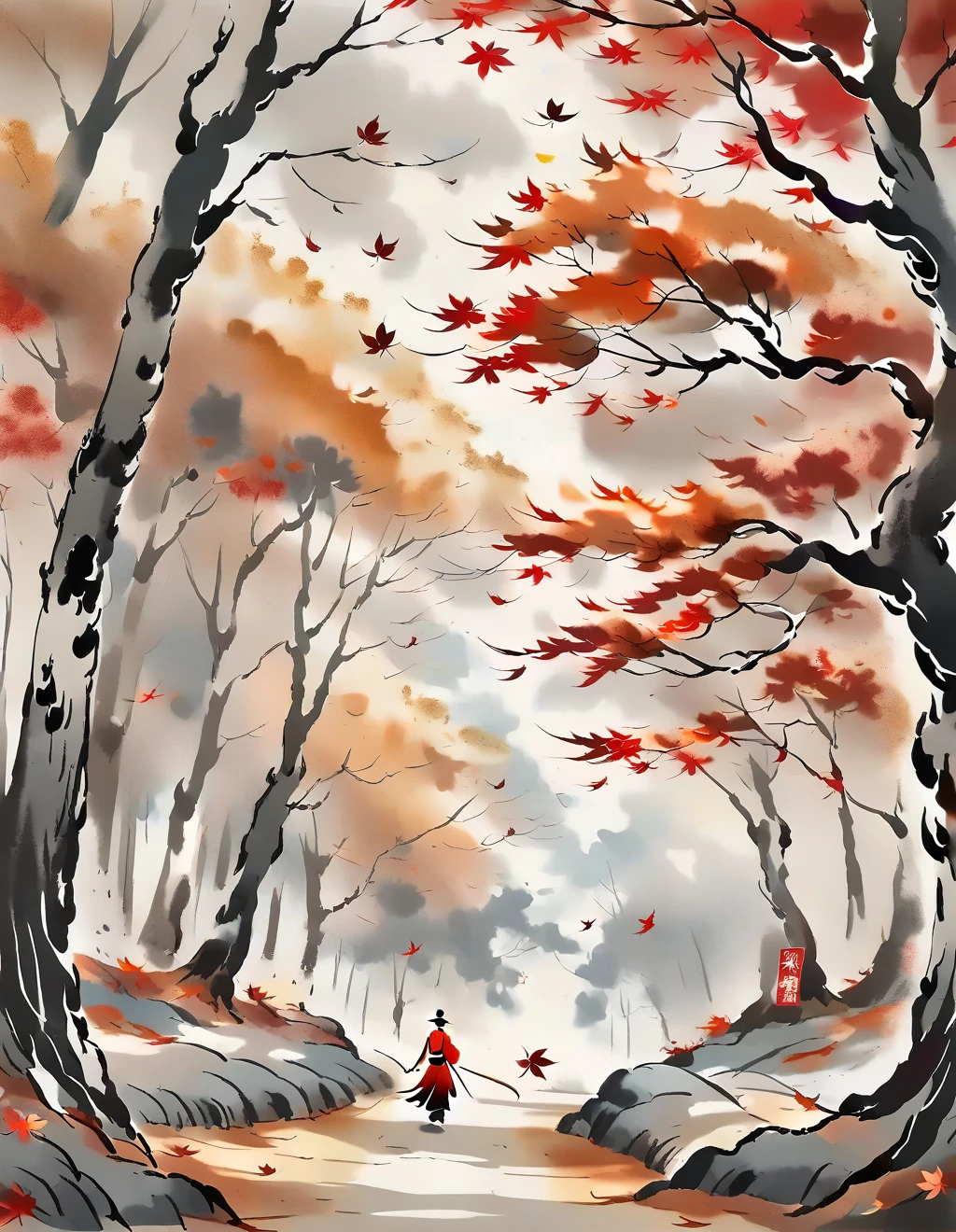 <lora:animechinesestyleXL-Copy1:1>,animechinesestyle,ink wash painting,wallpaper,(autumn maple forest:1.3),(very few fallen leaves),(path),
