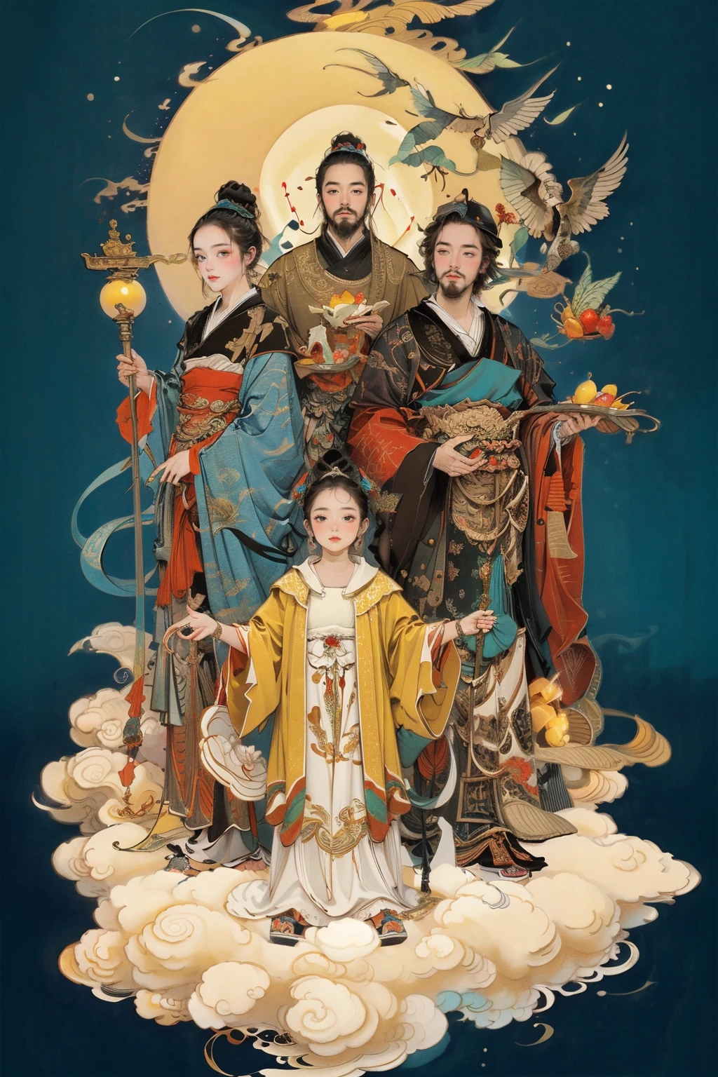 multiple boys,black hair,cloud,staff,old,multiple girls,facial hair,<lora:md-031-å¤ä»£ç¥è¯æé0.6-0.9:0.7>,, masterpiece,best quality,ultra-detailed,