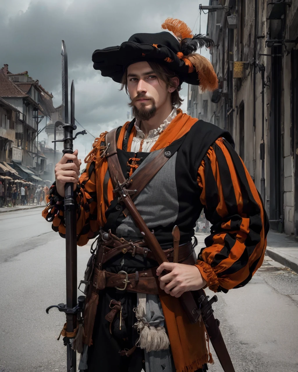 best quality,masterpiece,highly detailed,ultra-detailed, ( CS-OBG:1.3)( CS-YBF:1.1)
<lora:neg4all_bdsqlsz_V3.5:-1> <lora:Landsknecht:1>1boy,facial hair, landsknecht, weapon, hat, solo, holding weapon, cityscape, multicolored clotjes,