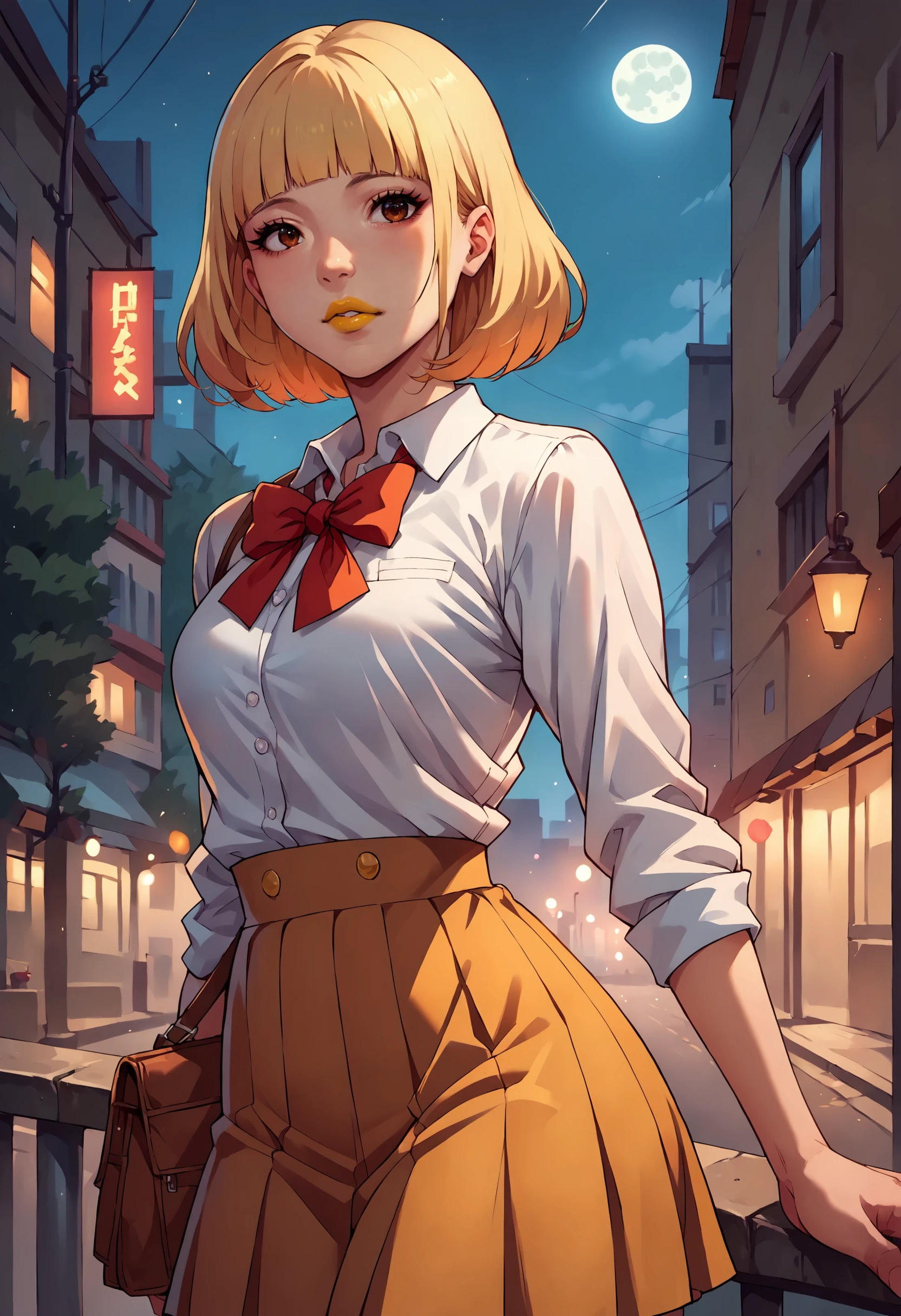 (score_9,score_8_up,score_7_up,score_6_up,score_5_up,score_4_up, source_anime:1.2), amazing artwork of (Hana_Midorikawa:1.3) with a tight dress, solo. school uniform, blonde hair, blunt bangs, eyelashes, (yellow lipstick:0.7), sexy pose,
fluroescent background, night, high contrast, super high contrast fluorescent colors, city, detailed background,
<lora:Hana_Midorikawa_v10:1>,   <lora:mfcgXL:0.6>