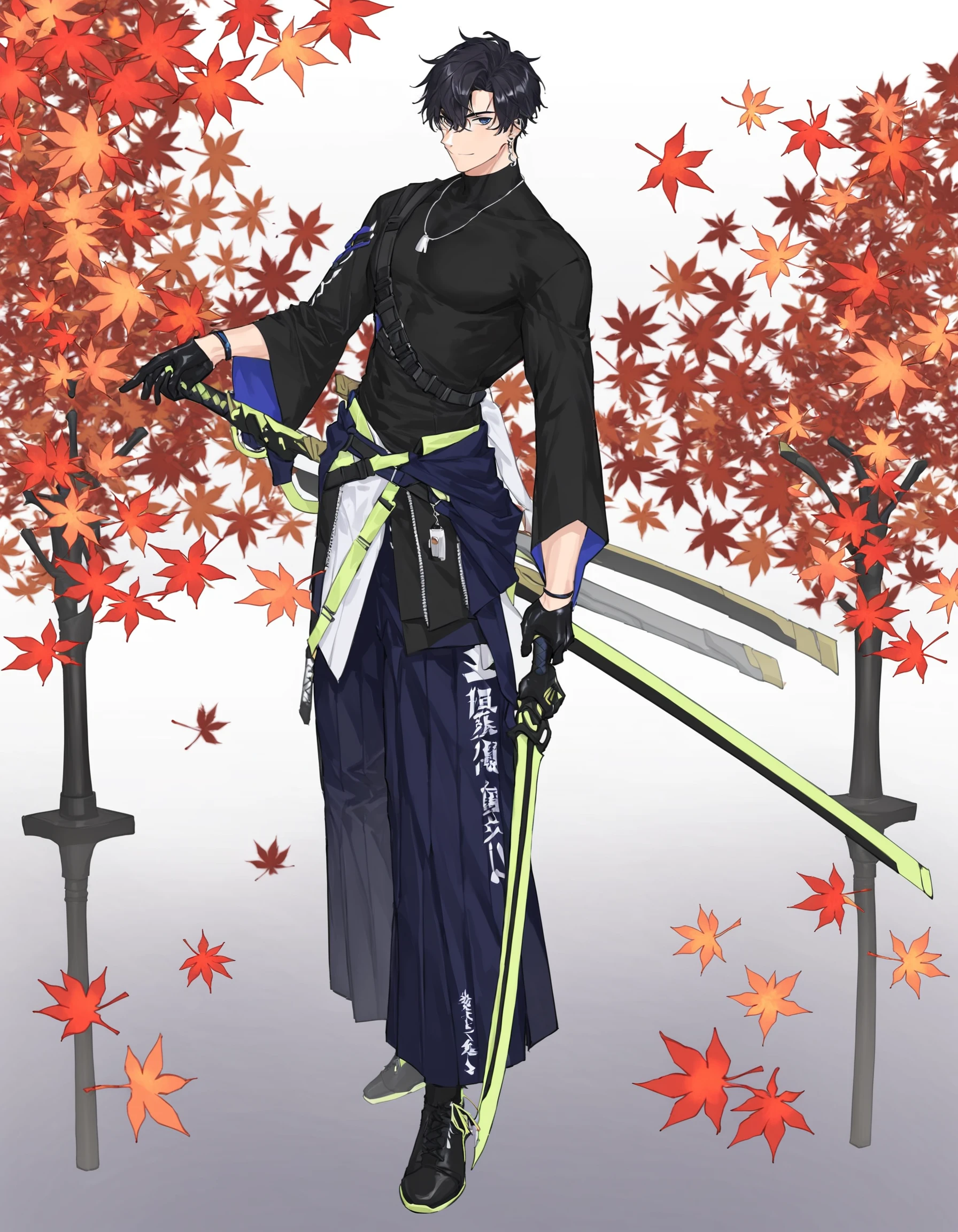 1boy, autumn leaves, black gloves, black hair, earrings, full body, holding, holding sword, jewelry, looking at viewer, male focus, shirt, weapon, akigrlsneuralxl , <lora:AkiGirlsNeuralPonyXL:0.6>