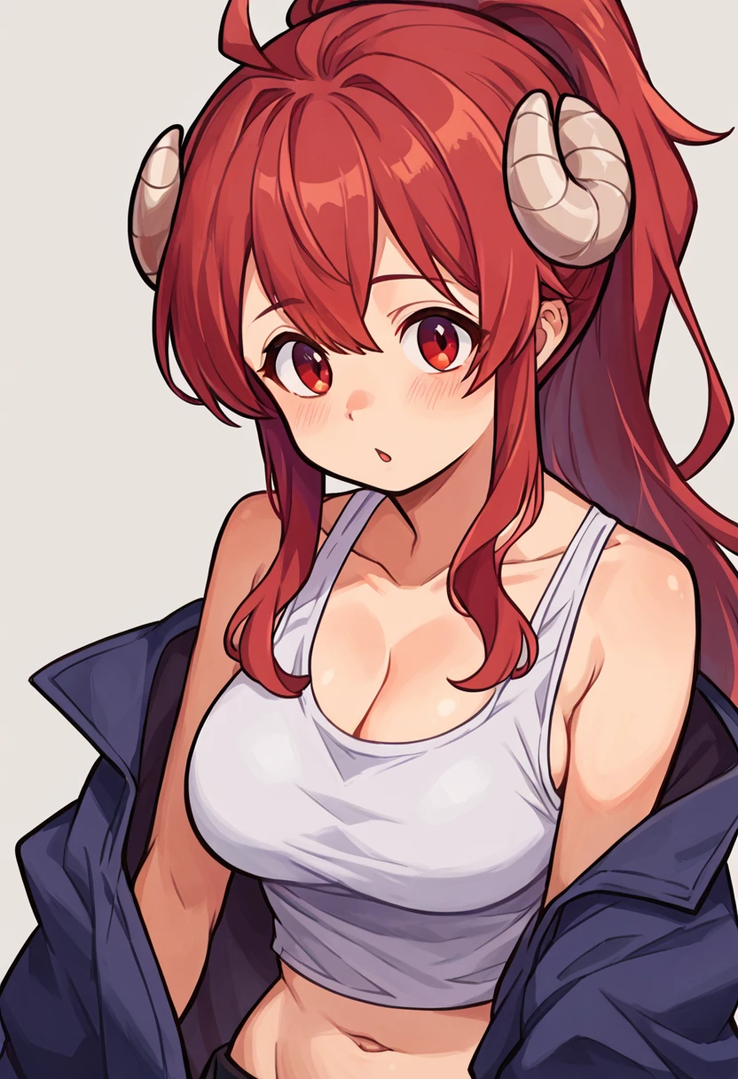 score_9, score_8_up, score_7_up, score_6_up, <lora:epoch-000002:1>, shamiko, 1girl blue_jacket breasts cleavage curled_horns demon_girl demon_horns horns jacket large_breasts long_hair long_sleeves midriff navel pink_tank_top ponytail red_eyes red_hair simple_background solo tank_top white_background