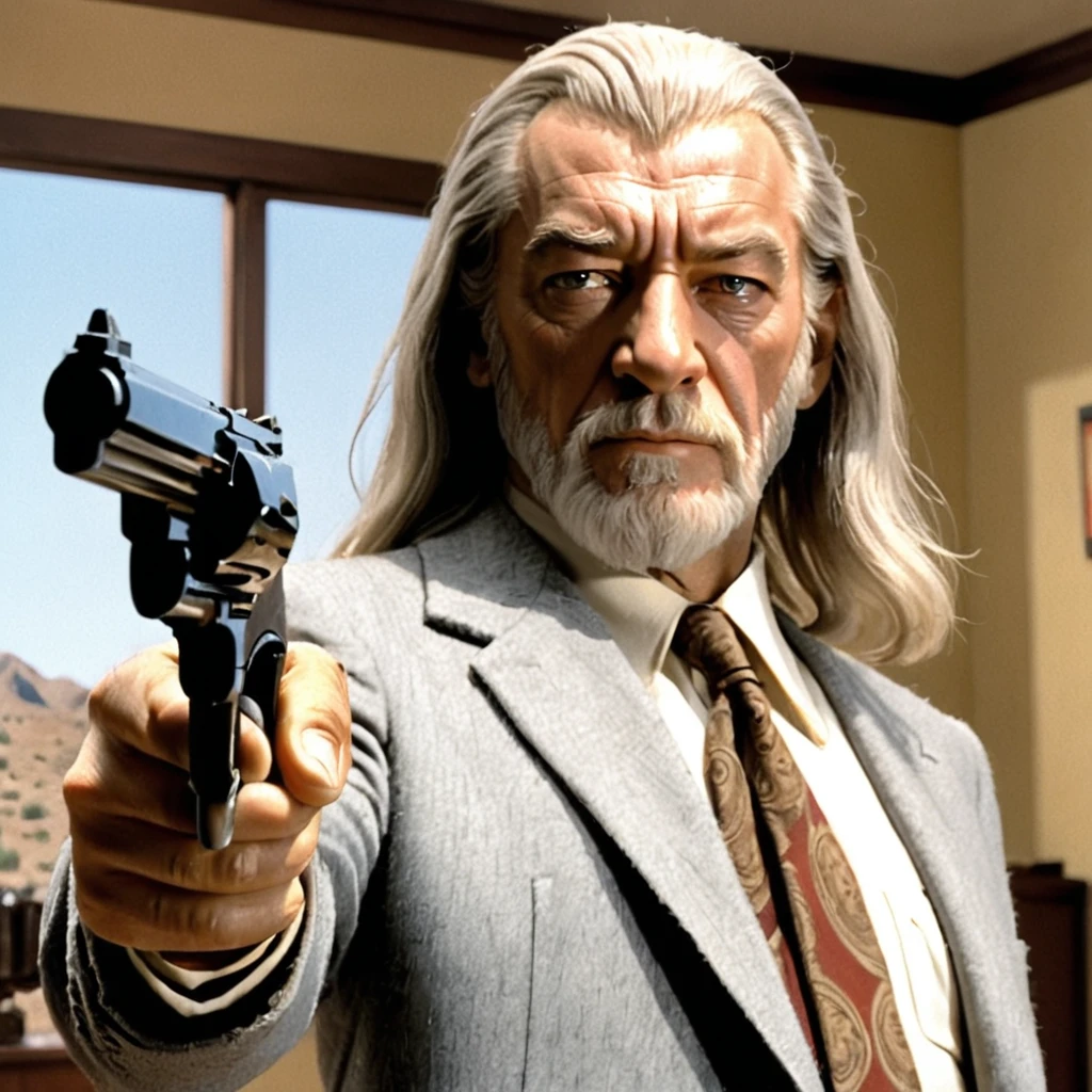 Gandalf aiming a hand cannon in the apartment scene from Pulp Fiction, swm29 , tarantino, wizard, movie poster, grey suit