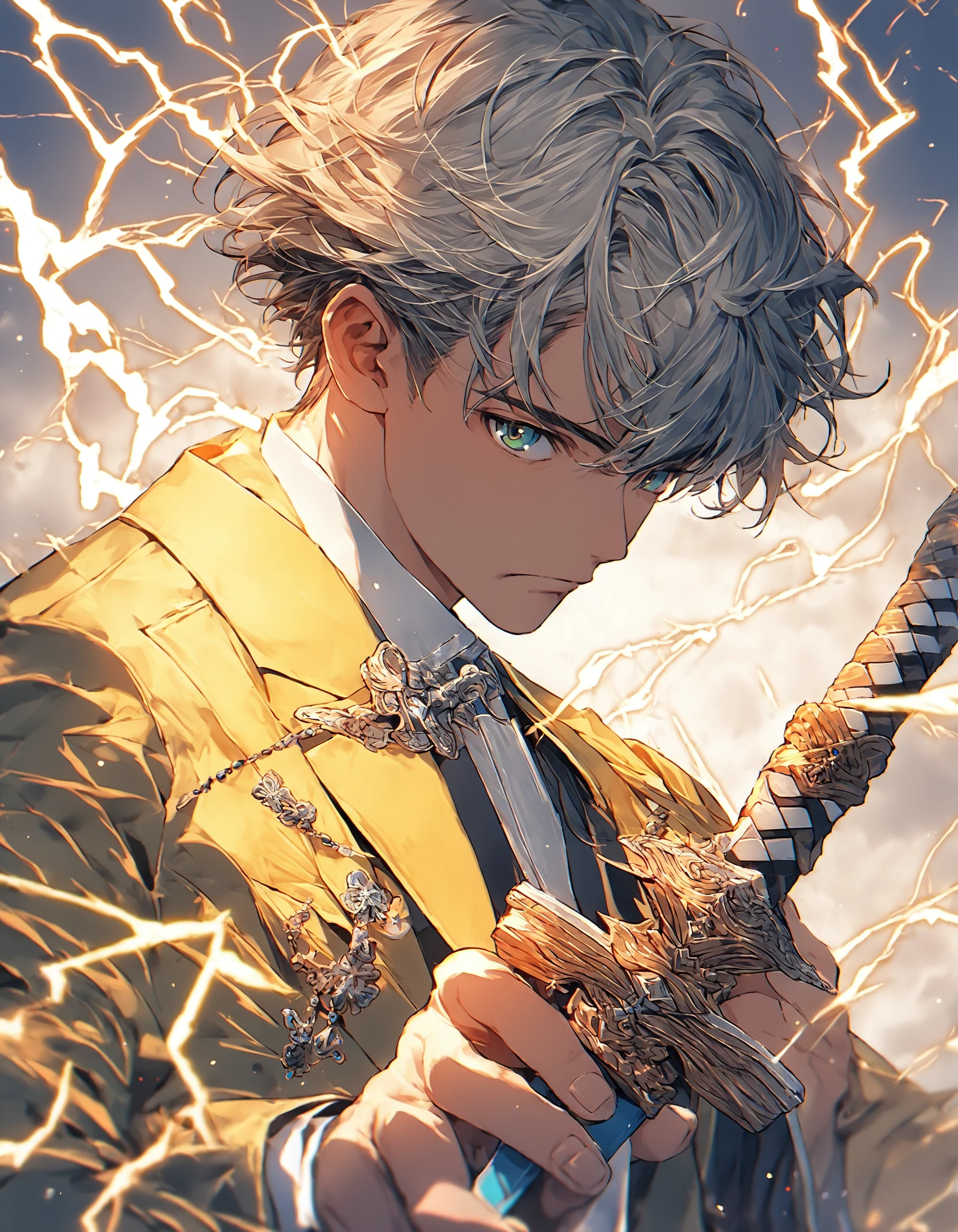 score_9, score_8_up, score_7_up, score_6_up, score_5_up, score_4_up, Niji Style, solo, 1boy, male focus, the anime character is wearing a yellow suit with a sword, in the style of anime aesthetic, barbara takenaga, 32k uhd, dmitri danish, detailed character illustrations, holding, holding a weapon, frederick sandys, use of light and shadow, lightning and magic flowing through the sword, source_anime, source_duskfallisgonnamakesourcesup, source_nijijourney, source_canimakeadhdmixnextpls , <lora:dusknijixlpony:1>