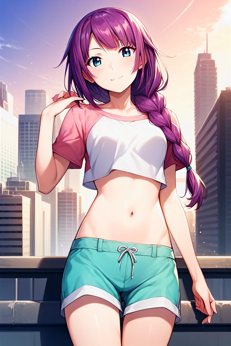 score_9, score_8_up, score_7_up, score_6_up, score_5_up, score_4_up, rating_questionable, , source_anime, digital illustration, pixiv, fanbox, uncensored, , BREAK, official art,
1girl, solo, female, hitagi senjougahara, purple hair, blue eyes, long hair, single braid, hair over shoulder,,
crop top, navel, shorts, city, buildings, outdoors, light smile, blush, cowboy shot, looking at viewer,    <lora:Hitagi_Senjougahara_Pony:0.8>