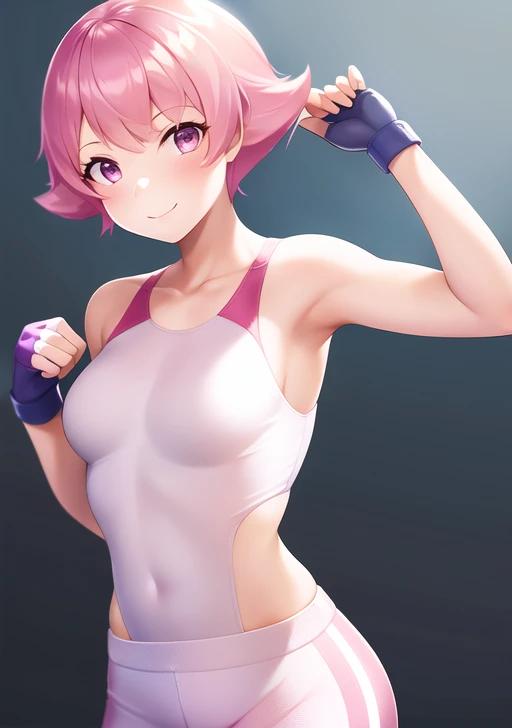<lora:Maylene:0.6>, maylene, 1girl, solo, breasts, smile, short hair, bangs, gloves, closed mouth, collarbone, pink hair, pants, hand up, fingerless gloves, pink eyes, eyelashes, clenched hand, bandaid, outline, white pants, bandaid on face, blue gloves, bandaid on nose, bandaid on arm