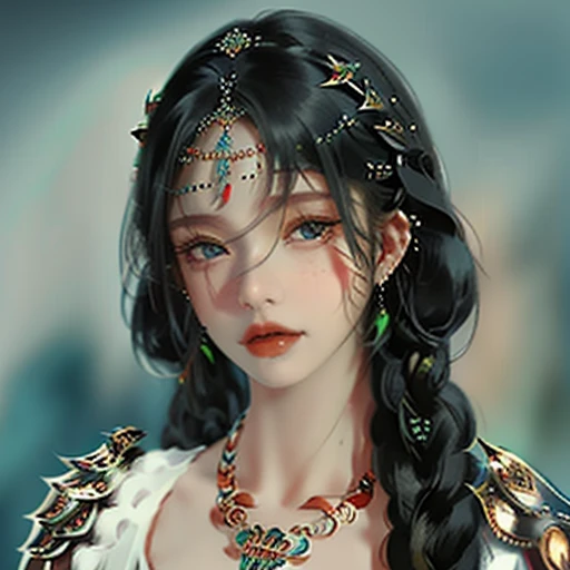 1girl, jewelry, solo, earrings, braid, black hair, heterochromia, blue eyes, necklace, long hair, looking at viewer, multiple braids, hair ornament, lips, parted lips, upper body, portrait, blurry <lora:wlop_v1.0:1>, (((masterpiece))),(((best quality))),((ultra-detailed))