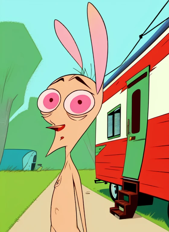 ren, cartoon dog, skinny, short, big eyes, rabbit ears, confused, cell shading, flat colours, thick outlines, at a caravan, screenshot <lora:Ren__Stimpy-000014:1>