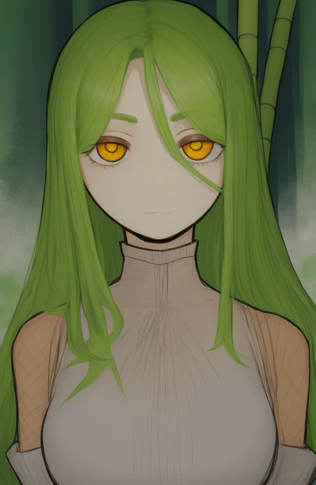masterpiece, best quality, 1girl, Fun Yellow eyes, Mint Green hair, closed mouth, looking at viewer, long hair , background: Serene bamboo grove , solo, upper body, couture, <lora:SixbenSoap Style:1>