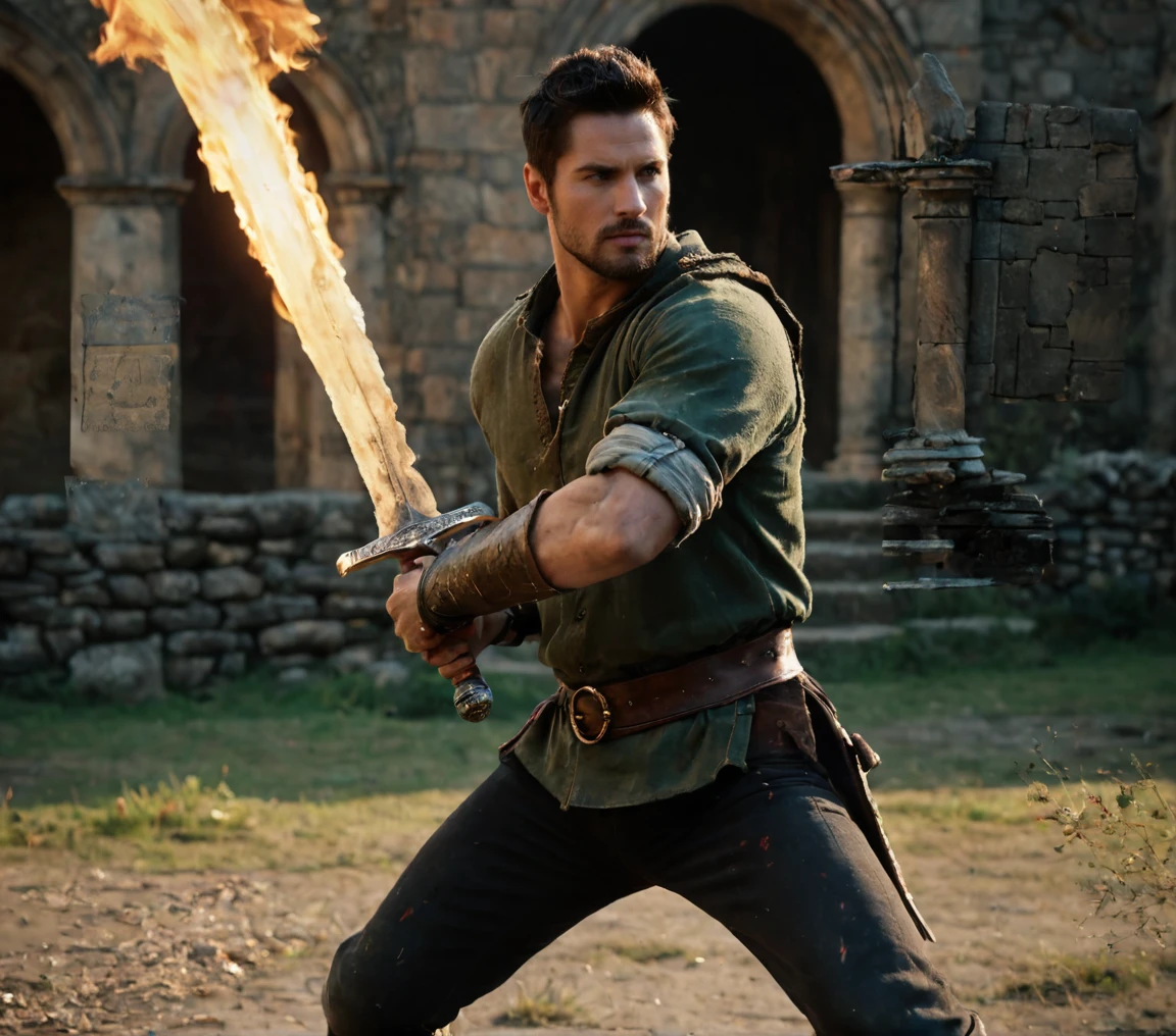 bdo_warrior, scene from movie, 1man, full body, right side view, holding sword with both hands, sword engulfed in flames, flaming sword, slashing with sword, attacking with sword, facial hair, red eyes, green shirt, brown pants, brown boots, background of castle ruins, sophisticated details, sharp focus, masterpiece, perfect anatomy, perfect face, detailed face, handsome face, perfect hands, best quality, 8k,<lora:EMS-300010-EMS:0.800000>,<lora:EMS-58095-EMS:0.400000>