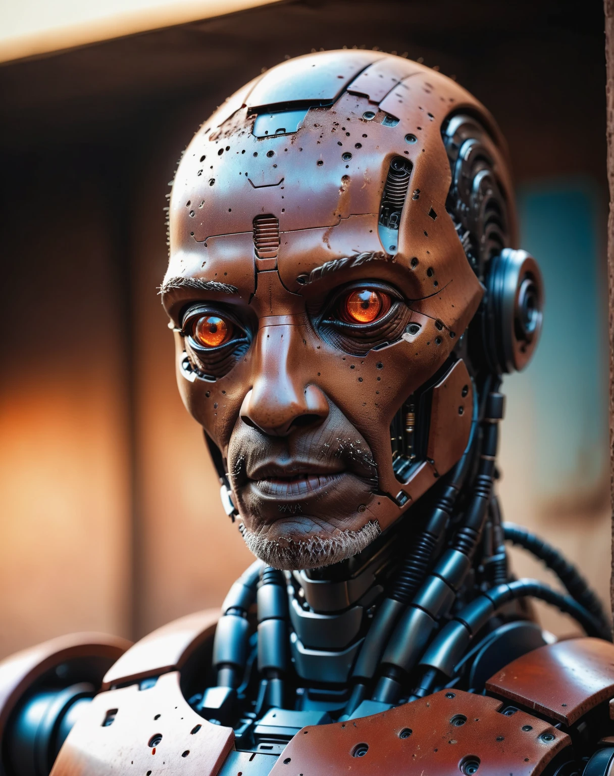closeup picture of an old cyberpunk man red glowing robot eyes, high quality photography, 3 point lighting, flash with softbox, 4k, Canon EOS R3, hdr, smooth, sharp focus, high resolution, award winning photo, 80mm, f2.8, bokeh