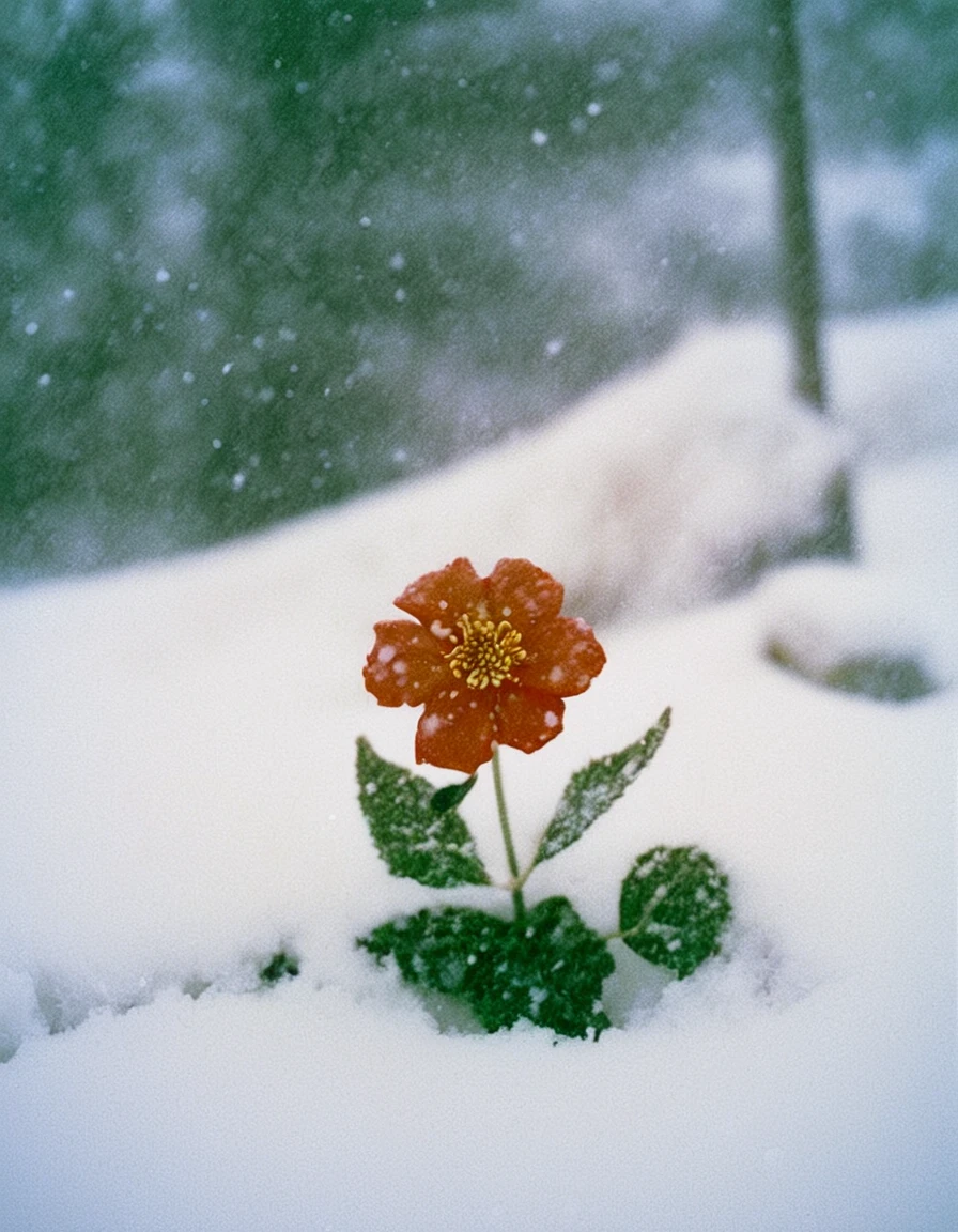 <lora:analogXLrelease:1> analog style photography, in a a blizzard, a lone flower grows