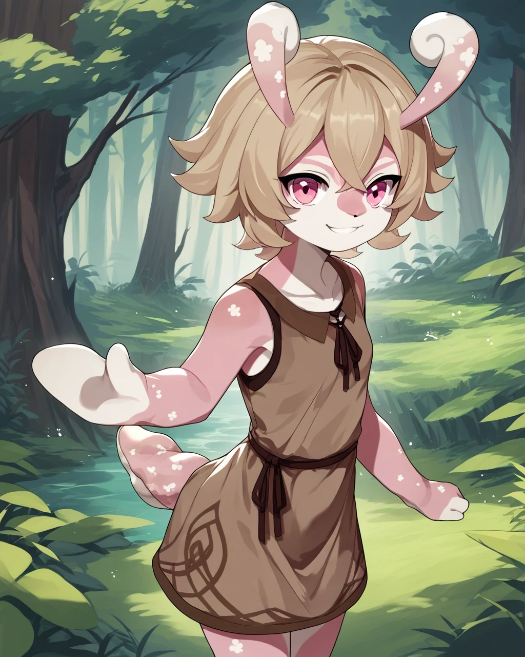 score_9, score_8_up, score_7_up, score_6_up, score_5_up, source_anime, <lora:MelusineSDXL-V1:1>, BREAK
melusine, pink skin, short blonde hair, pink eyes, curly ears, stubby tail, brown dress, looking at viewer, smile, forest