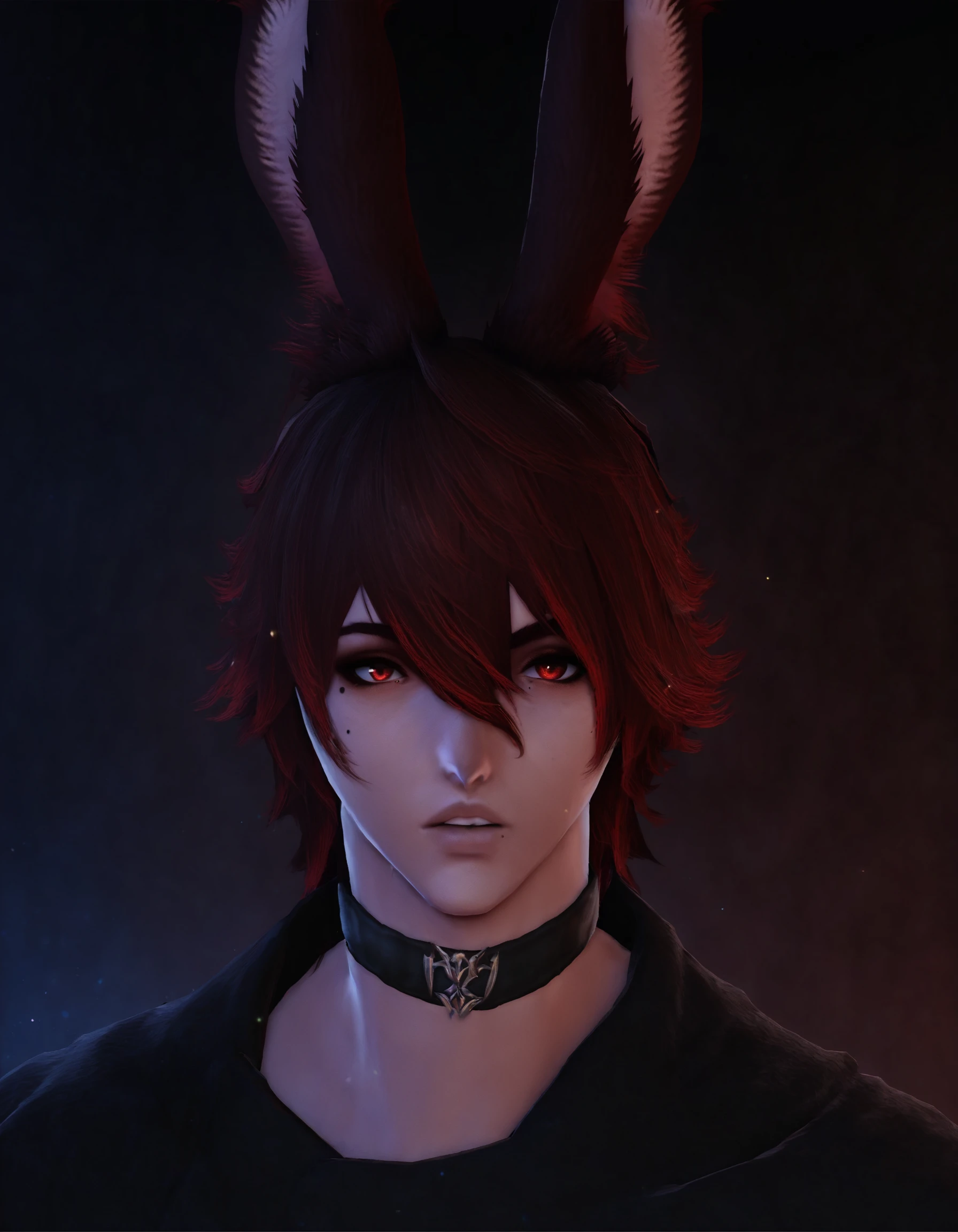 score_9, score_8_up, score_7_up, score_6_up, score_5_up, score_4_up, FFXIV_Viera, solo, looking at viewer, short hair, bangs, black hair, red eyes, 1boy, hair between eyes, male focus, red hair, parted lips, choker, mole, lips, mole under eye, black choker, portrait, viera, <lora:FFXIV_VieraPonyXL:1>