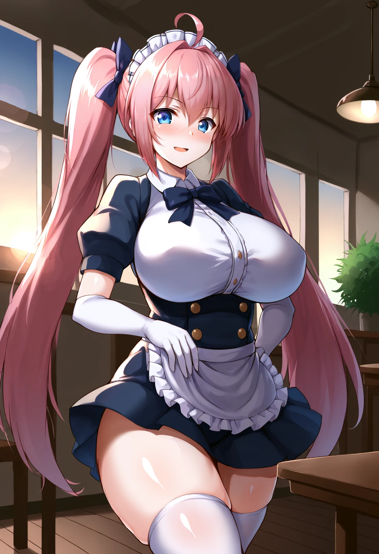 score_9, score_8_up, score_7_up, score_6_up, score_5_up, score_4_up,
gradient background,
refraction, caustics, rim lights, backlighting, bloom,
BREAK
source_anime, day, indoors, sky, sunset, lens flare, window, cafe, counter, table, chair, potted plant, ceiling light, wooden floor, 
BREAK
1girl, solo, ahoge, blue eyes, pink hair, very long hair, sidelocks, twintails, 
parted lips, blush, smile,
bow, maid uniform, elbow gloves, hair bow, white thighhighs, frills, white gloves, puffy sleeves, skirt, 
large breasts, shiny skin, thick thighs, wide hips, curvy, 
upper body,  body,  cowboy shot, perspective, zettai ryouiki, 
looking at viewer,   
<lora:9is-v2-PDXL:1>