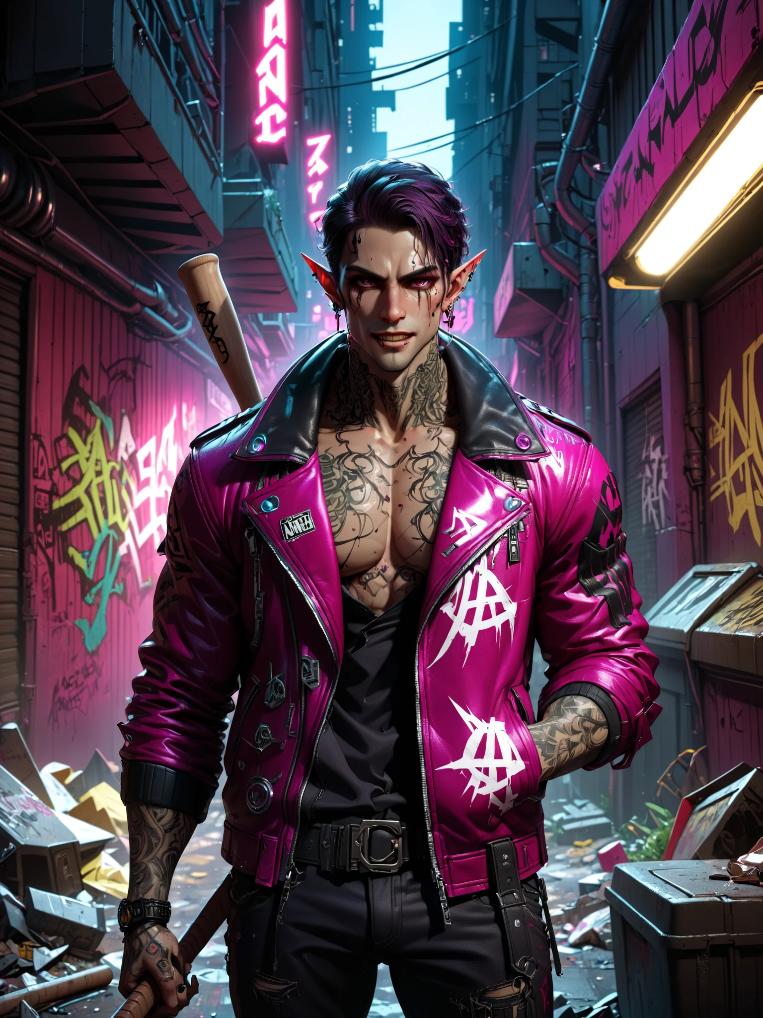 cinematic shot, dramatic lighting, man, mad-ancnts, dynamic pose , baseball bat, (evil grin:1.2), magenta jacket, dimly lit, futuristic urban alleyway, garbage, filth, neon lights, graffiti-covered walls <lora:Neon_Cyberpunk_SDXL_Ancients:0.7>, (masterpiece:1.2), best quality, (hyperdetailed, highest detailed:1.2), high resolution textures