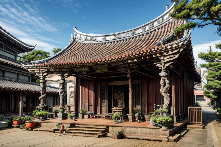 architecture, landscape, scenery, east asian architecture, Lukang Longshan temple, (Taiwanese temple, Hokkien architecture, Southern Min architecture) East Asia, vintage, historical, heritage, trational, ancient, wooden structure, orange tiled roof, upward curve ridge roof, trees, best quality, masterpiece, <(realistic:1.3), intricate details>, 8k, RAW photo