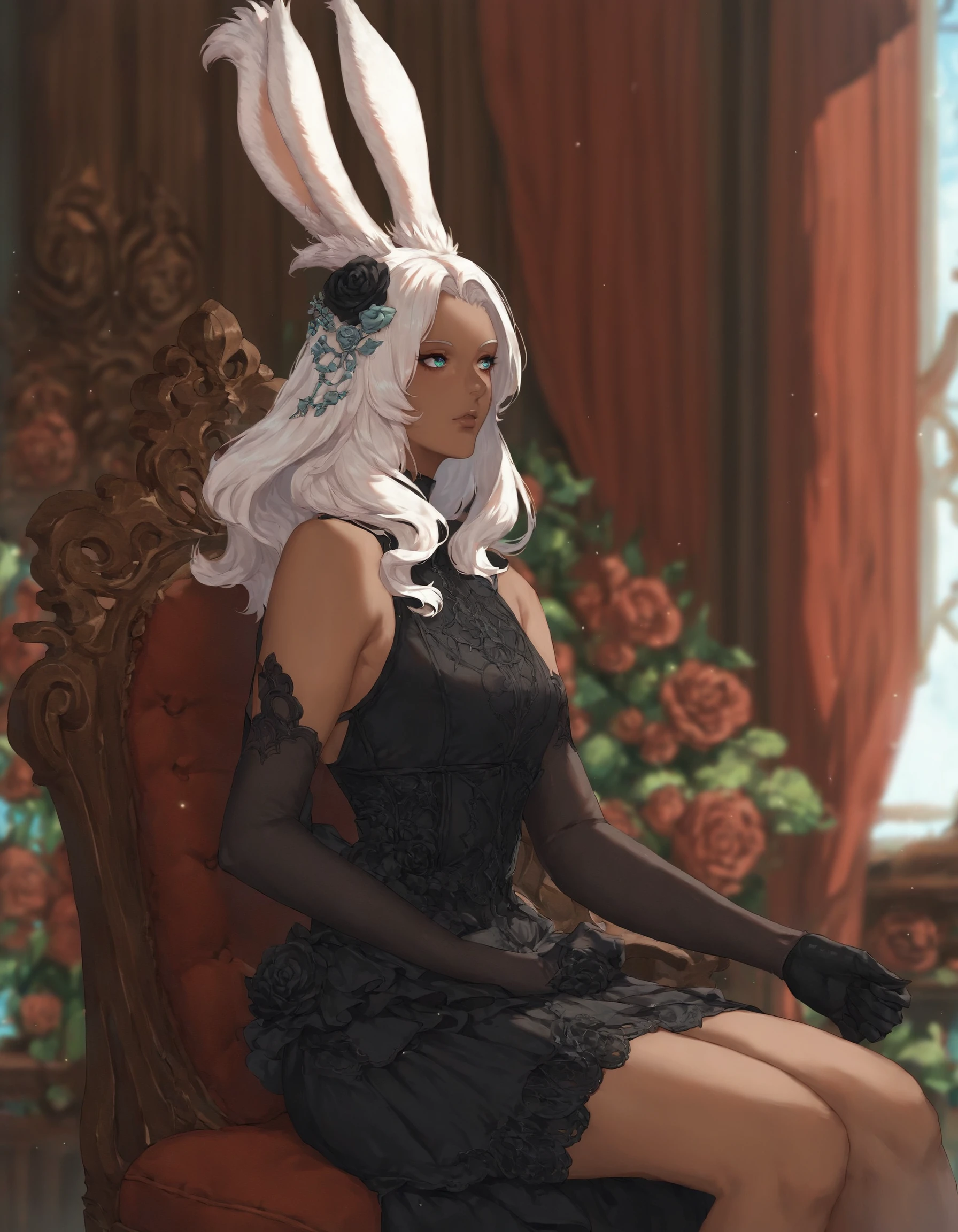 score_9, score_8_up, score_7_up, score_6_up, score_5_up, score_4_up, FFXIV_Viera, 1girl, solo, long hair, blue eyes, skirt, hair ornament, gloves, dress, animal ears, bare shoulders, sitting, green eyes, flower, white hair, sleeveless, day, black gloves, elbow gloves, hair flower, dark skin, rabbit ears, blurry, black dress, dark-skinned female, lips, looking to the side, depth of field, blurry background, rose, chair, viera, source_anime <lora:FFXIV_VieraPonyXL:0.7>