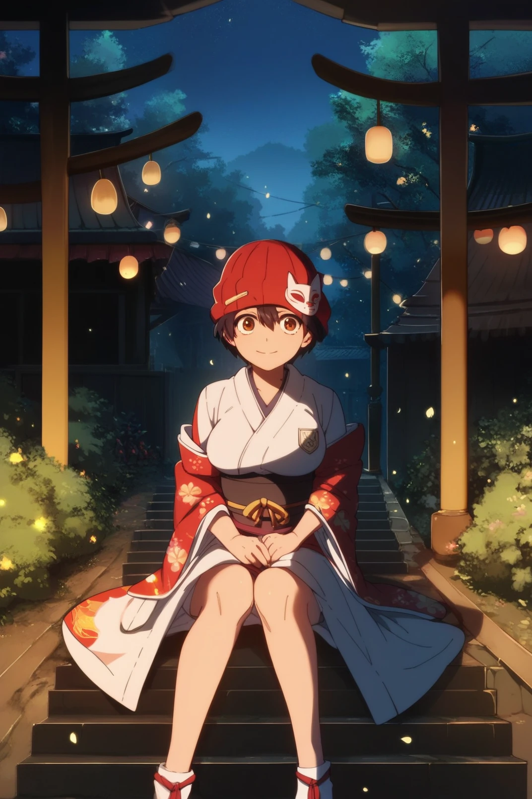 score_4, score_5, score_6, score_9, score_8_up, score_7_up, fuukoxl, black hair, short hair, brown eyes, red beanie, large breasts, kimono, japanese clothes, sitting, sitting on stairs, looking at viewer, fox mask, nature, night, summer festival, outdoors, <lora:izumo_fuuko-10:1>