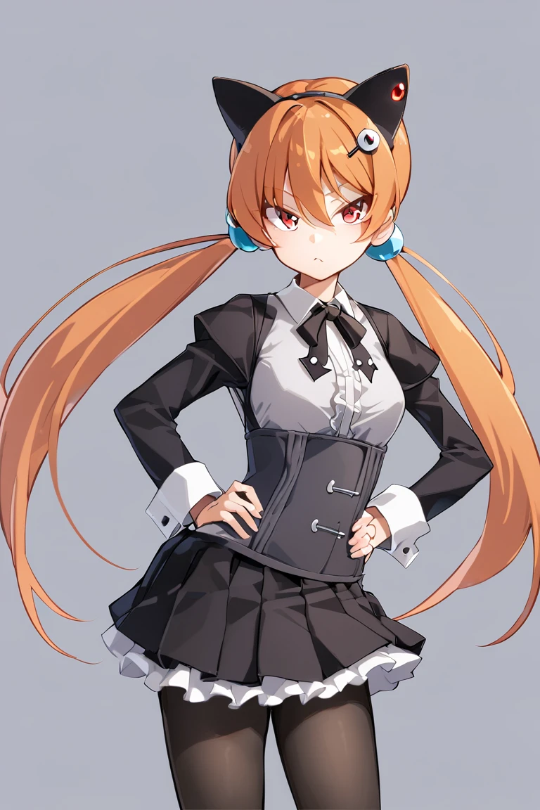 alisa southerncross,1girl, solo, orange hair, animal ears, twintails, pantyhose, long hair, cat ears, red eyes, hand on hip, hair ornament, looking at viewer, white background, black pantyhose, skirt, fake animal ears, simple background, long sleeves
 <lora:alisa southerncross e1:0.80>