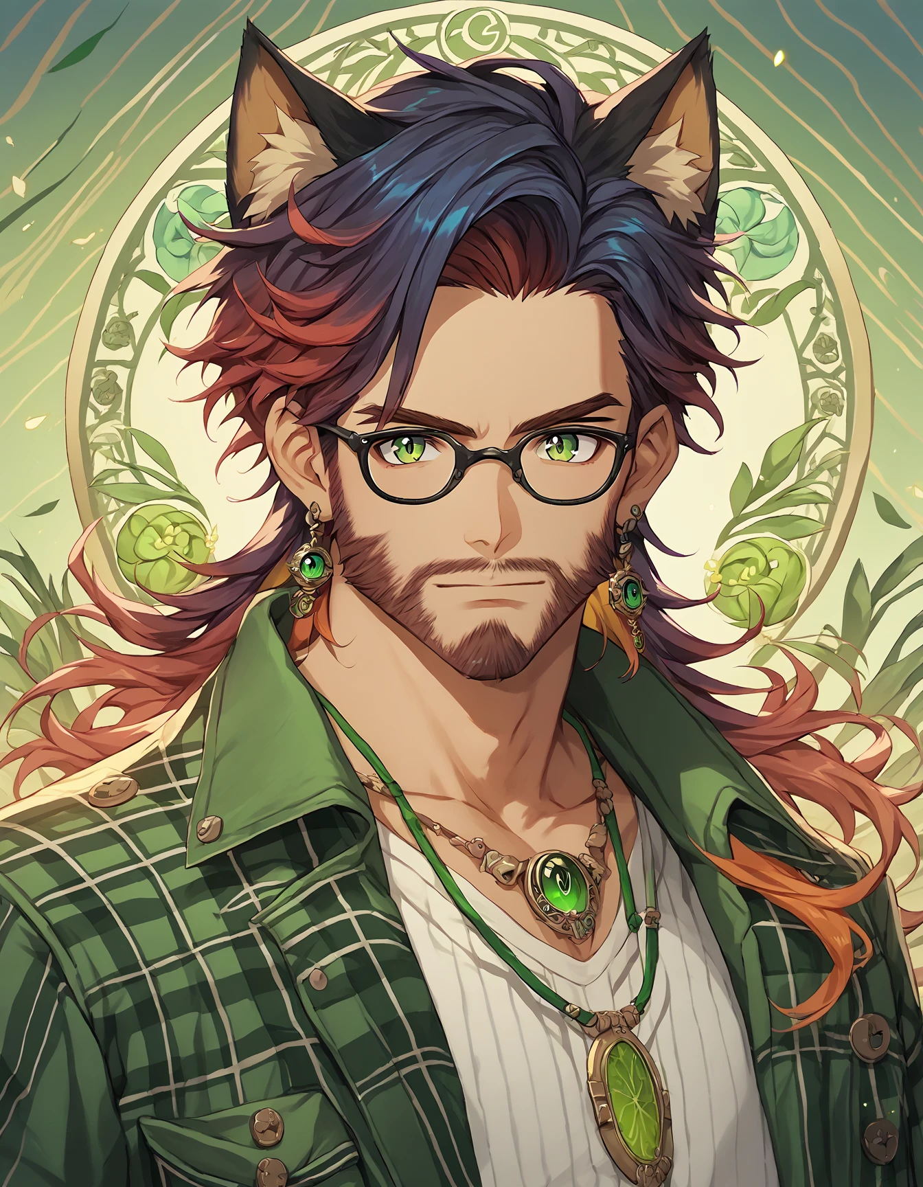 score_9, score_8_up, score_7_up, score_6_up, score_5_up, score_4_up, 1boy, mature, long face, oval shaped face, animal ears, beard, cat ear, animal ears, facial hair, green eyes, green leather jacket, white shirt, scottish plaid kilt, auburn hair, ombre hair, gradient hair, black hair, blue hair, two tone hair, striped hair, dyed bangs, red hair, purple hair, green hair, orange hair, pink hair, multicolored hair, shiny skin, detailed eyes, glasses, eyewear, long hair, wild hair, necklace, male focus, solo, upper body, wind swept hair, celtic background, outdoors, ireland, dusk, source_anime