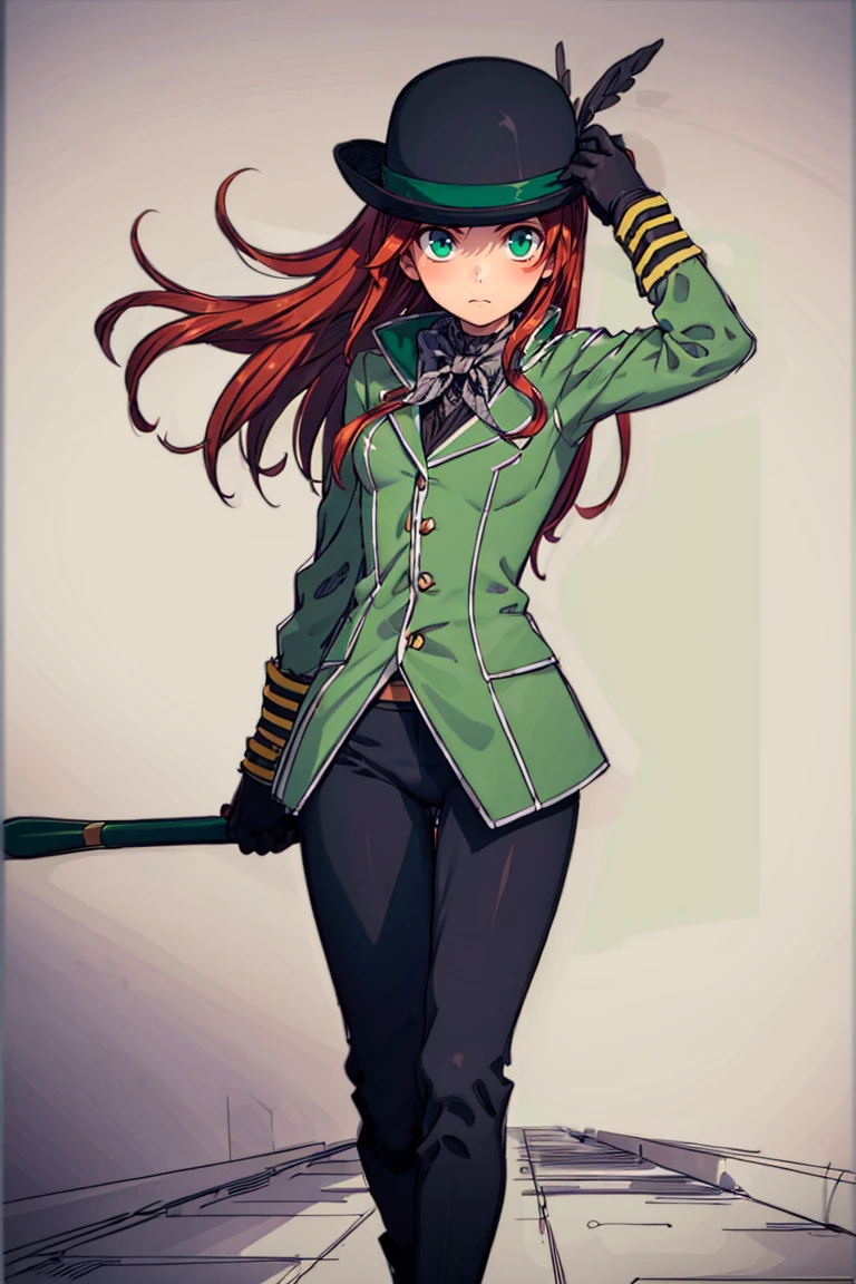 <lora:Bold_CAT:0.4>,  <lora:more_details:0.4>,
((masterpiece,best quality)), 
<lora:Leprecon_Artist:0.8>,   simple background, gloves, 1girl, solo, hat, white background, full body, female focus, red hair, black gloves, pants, hand on headwear, green jacket, ass, looking at viewer, side view, cowboy shot,